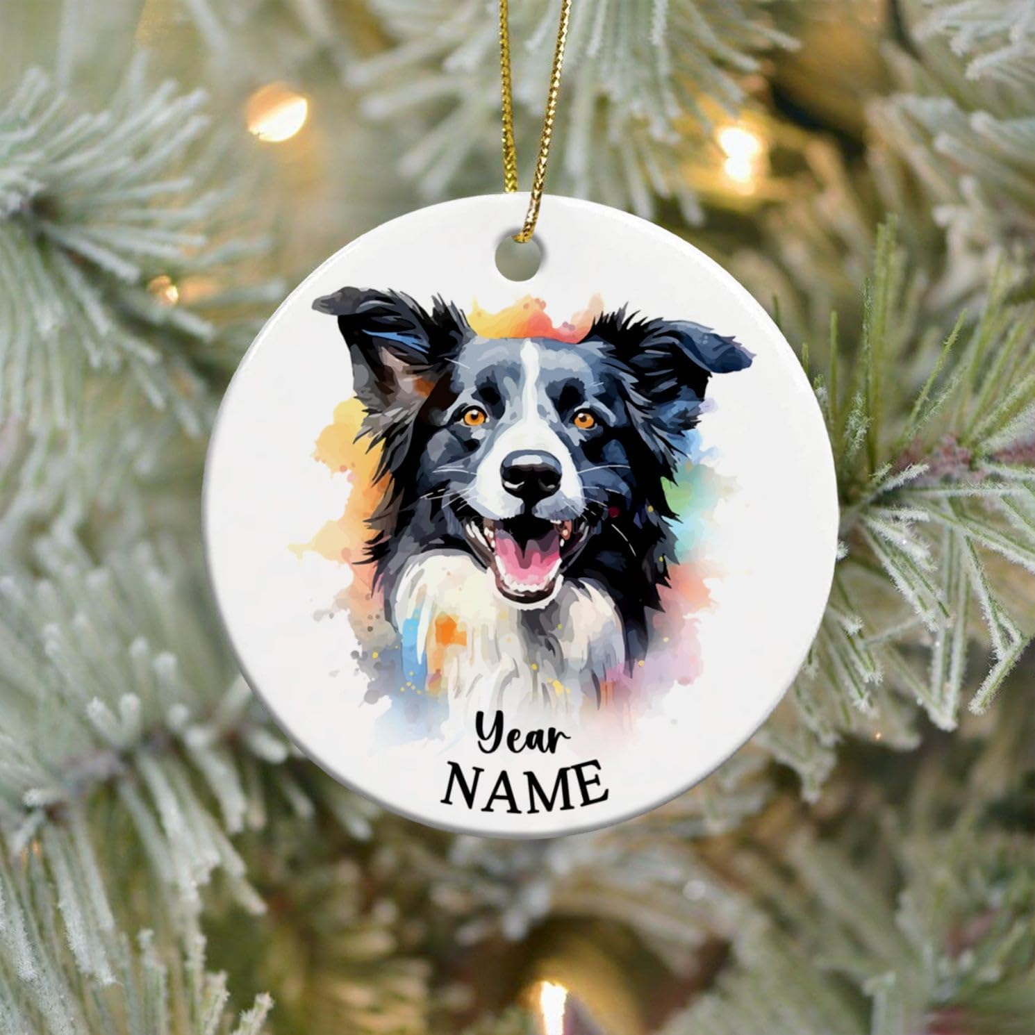 Adorno personalizado de cerámica para perro Border Collie, adorno personalizado para primera Navidad para perro con nombre y año, adorno de Navidad