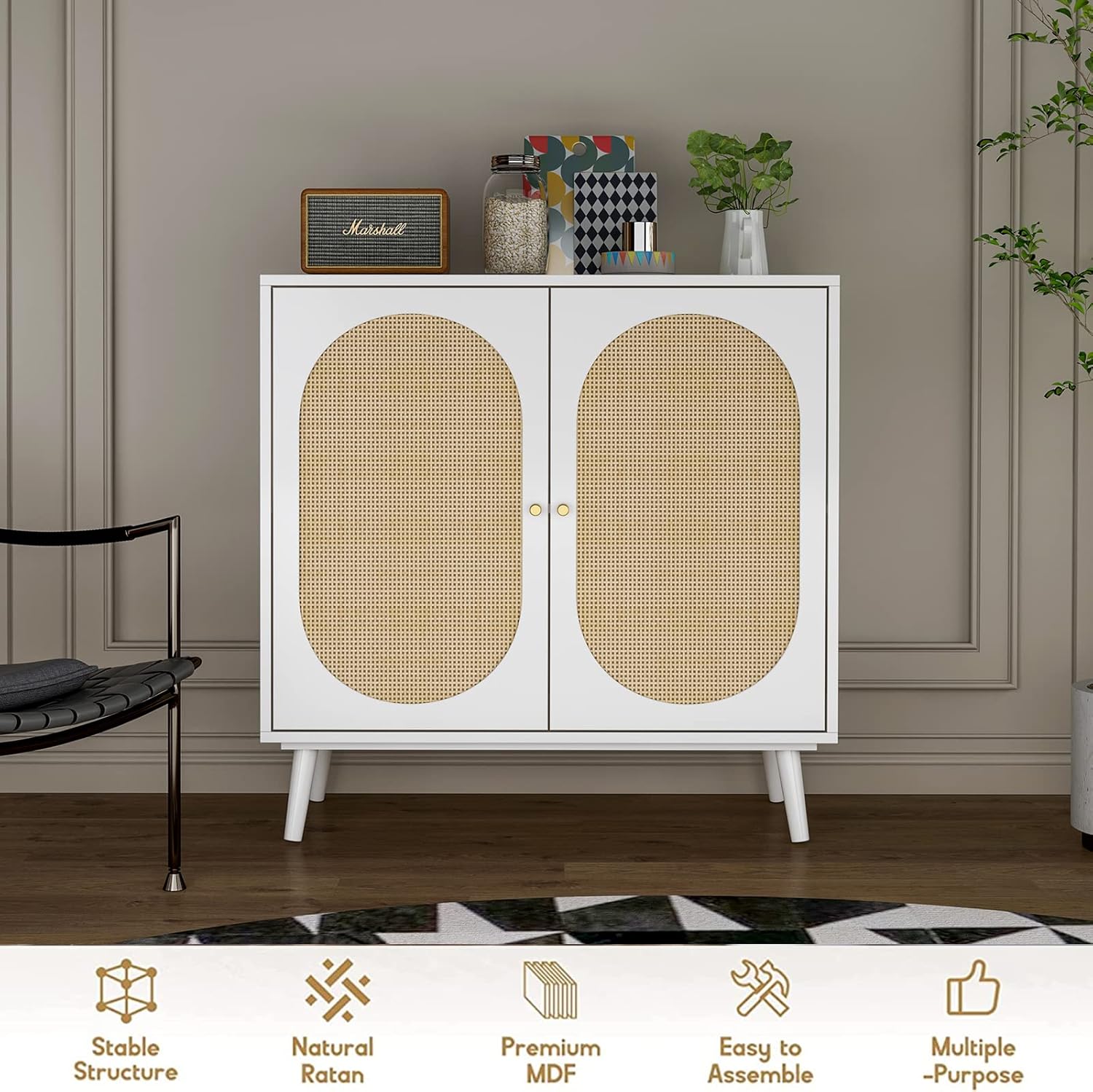 Armario de almacenamiento bohemio con 2 puertas de ratán, armario de mimbre para bufé, mesa de consola de armario, armario de madera de mediados de