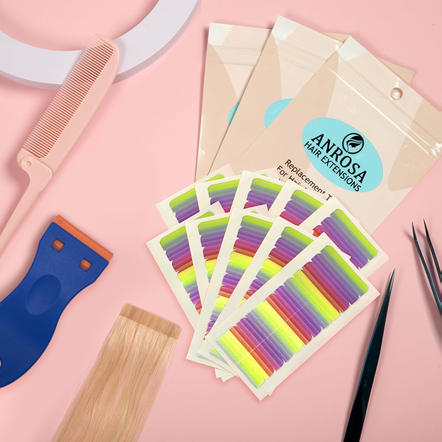Anrosa 120 pestañas de cinta de extensión de cabello, cinta hipoalergénica de doble cara para extensiones de cabello, precortadas, fuertes sin