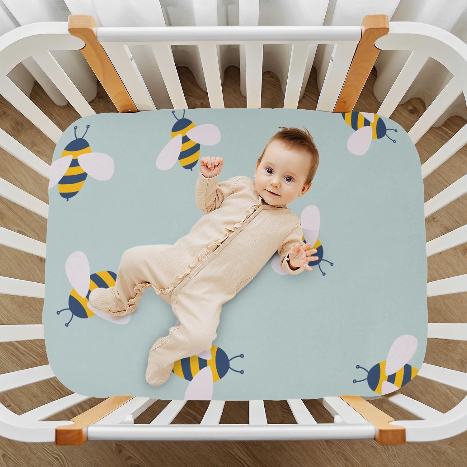 Sábana bajera elástica para cuna para bebé niño y niña, mini sábana bajera portátil de abeja de dibujos animados para juego neutral, material