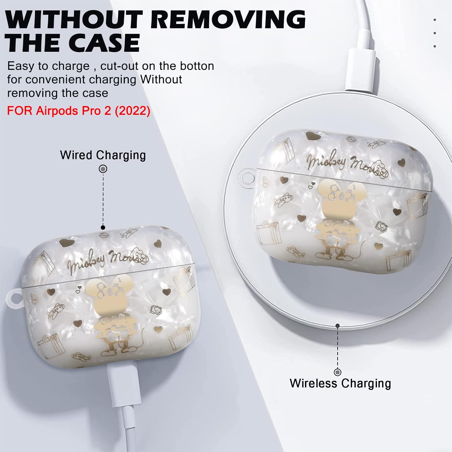 Bonita funda de ratón para AirPod Pro (2 generación) 2022 con llavero de muñeca de perlas para mujeres y niñas, carcasa de mármol brillante con
