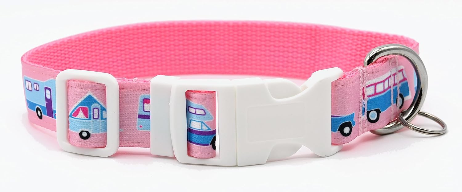 RV Camping Dog Collar – Pink Camper Collar – Vintage Car & Trailer – Van – Fifth Wheel – Truck Camper – A-Frame – 4 Sizes – Adjusts 9 Inches to 27