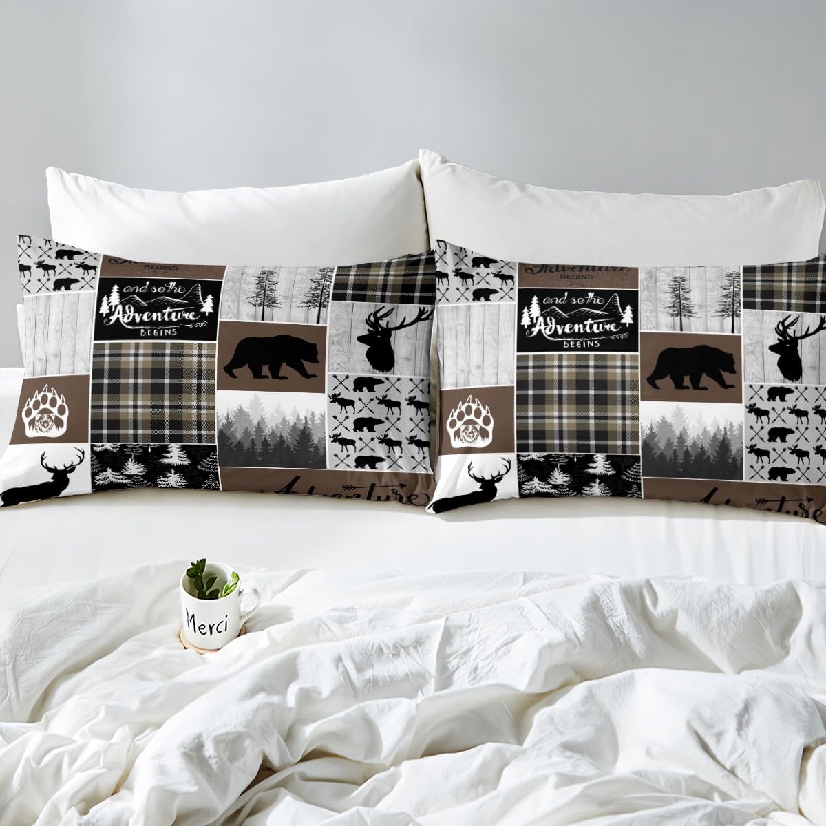 Funda de edredón de oso de caza, ciervo, juego de ropa de cama de retazos de cabaña rústica, tamaño Queen, funda de edredón a cuadros de búfalo,