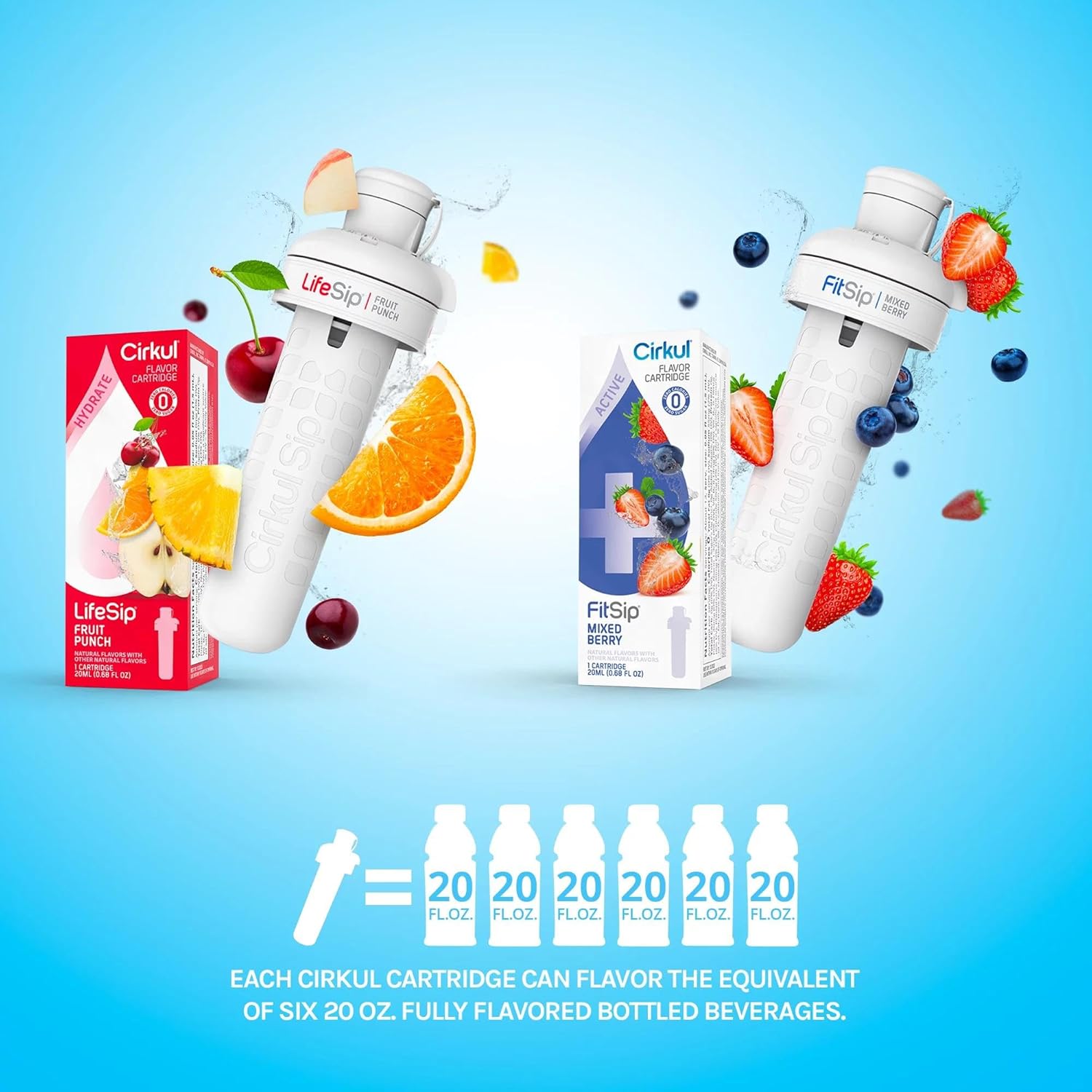 cirkul – Kit de inicio de botella de agua de plástico de 22 onzas con tapa azul y cartuchos aleatorios de 4 sabores, electrolitos, vitaminas, sin