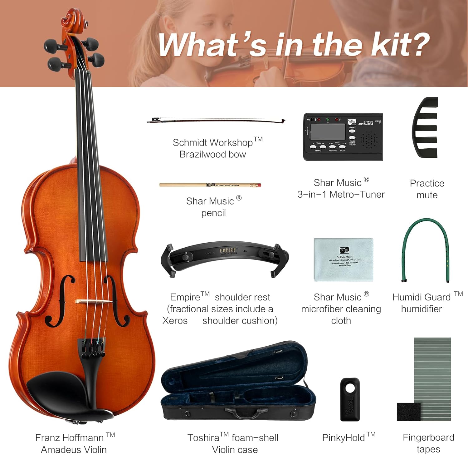 Franz Hoffmann Amadeus – Violín de madera maciza 44 para principiantes, juego completo de violín para estudiantes con estuche y todos los accesorios