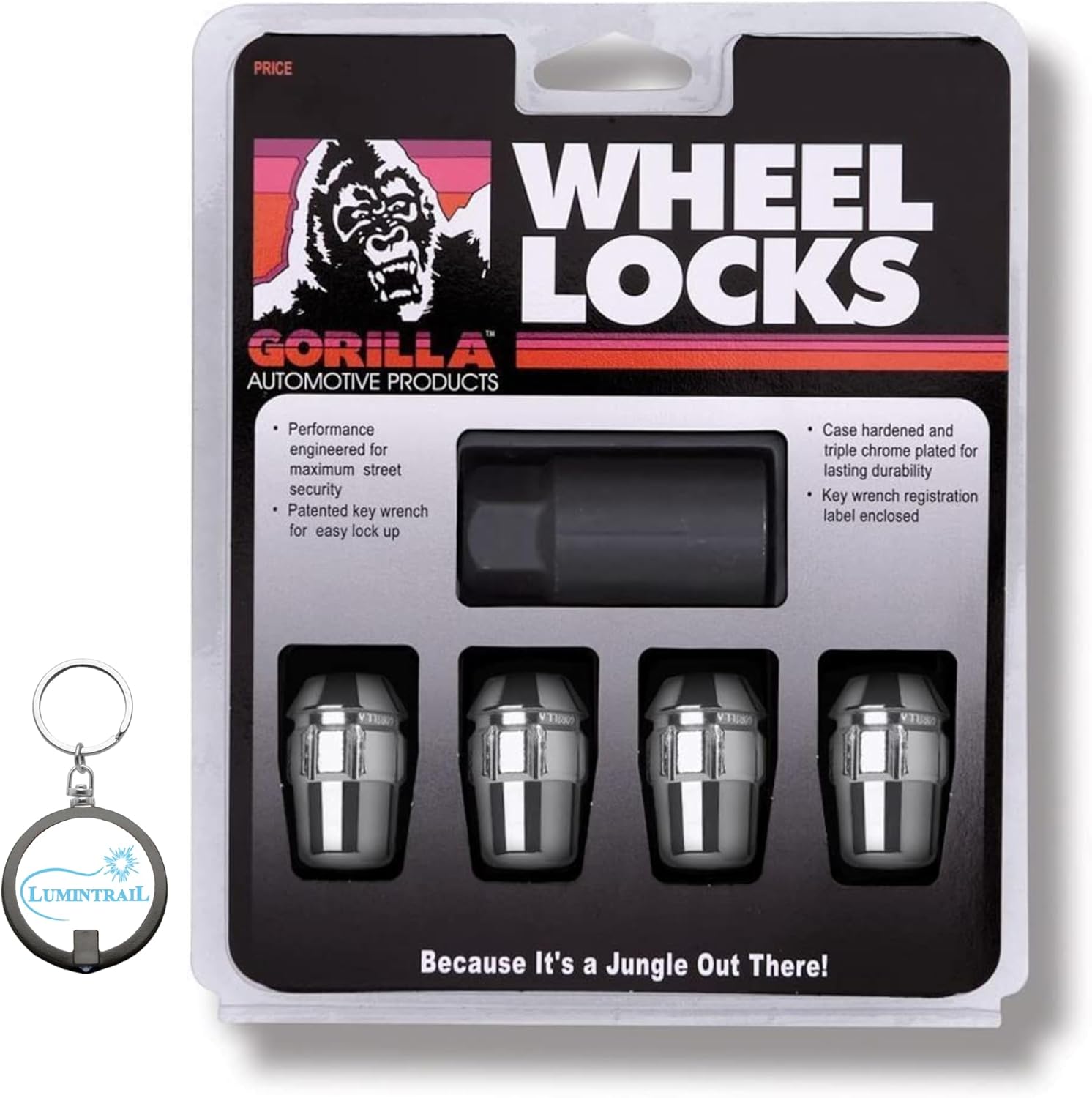 Gorilla Automotive 71631N – Cerradura de rueda para automóvil de 0.472 in x 1.50 pulgadas con llave de bloqueo de rueda, juego de 4 tuercas de