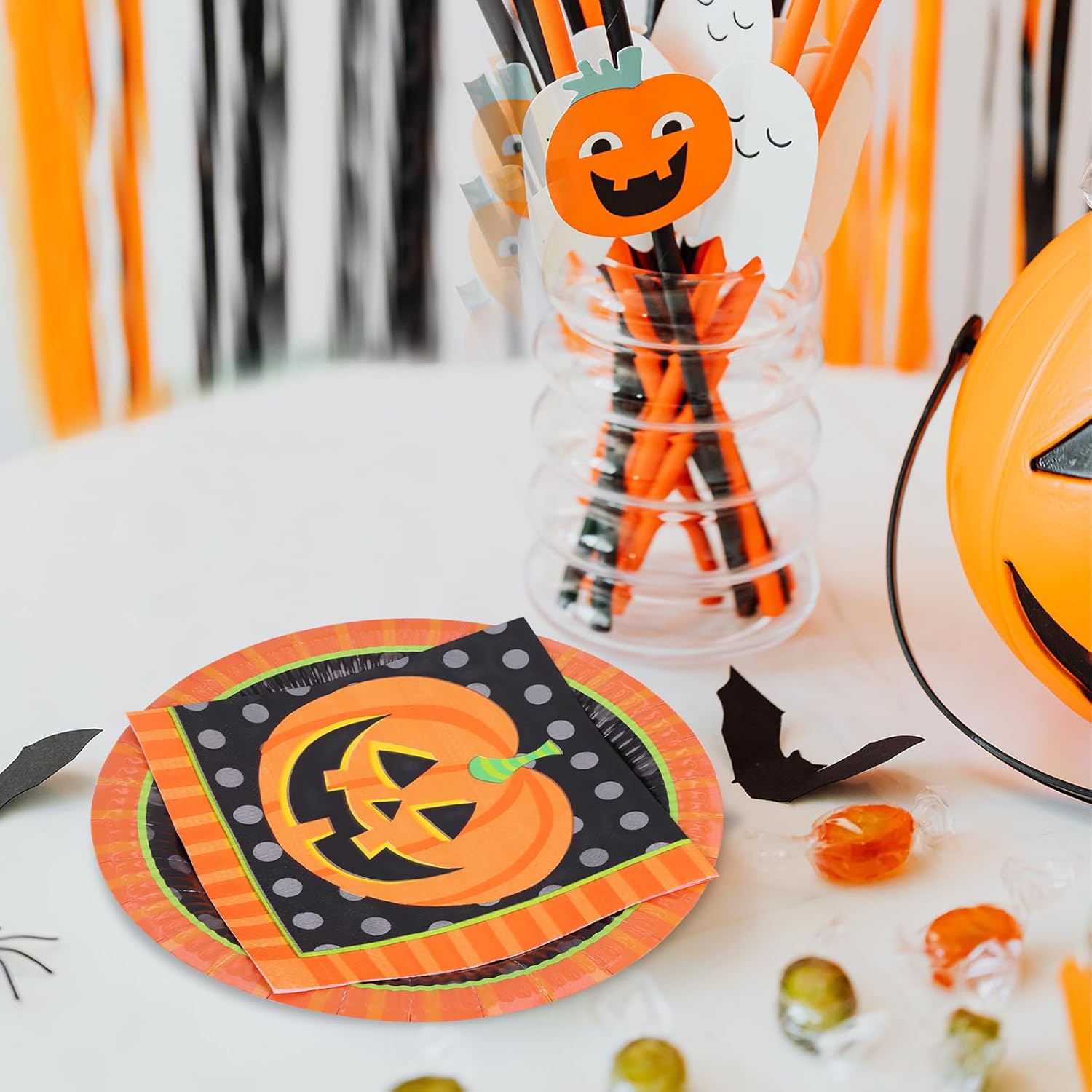 Platos de papel para fiesta de Halloween, servilletas de papel, 40 piezas de calabaza sonriente para fiesta, decoración de mesa, suministros