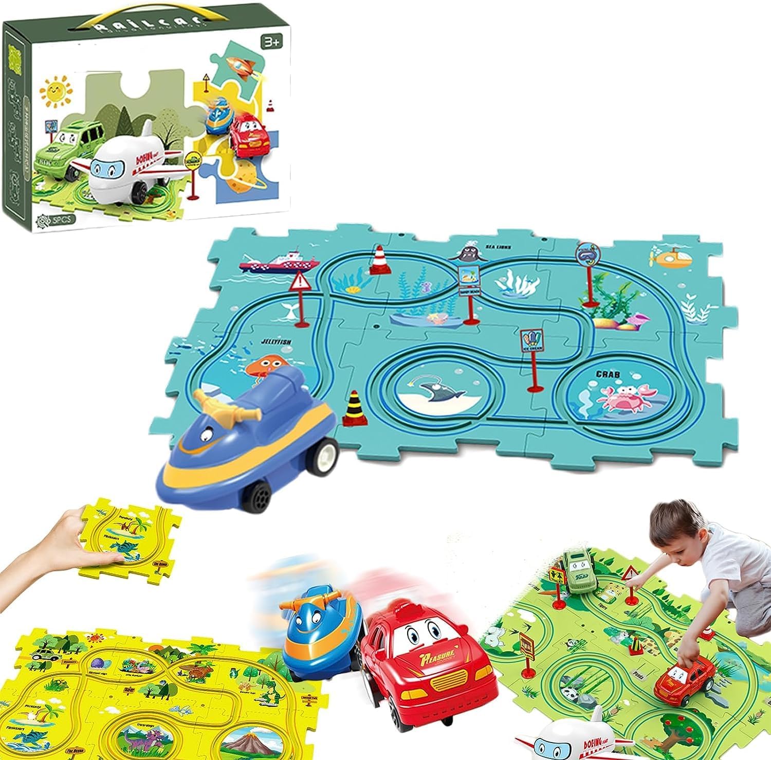 Juego de rompecabezas de coche de pista, carrito eléctrico de ensamblaje, vehículo de juguete y tablero de rompecabezas de montaje, regalos para