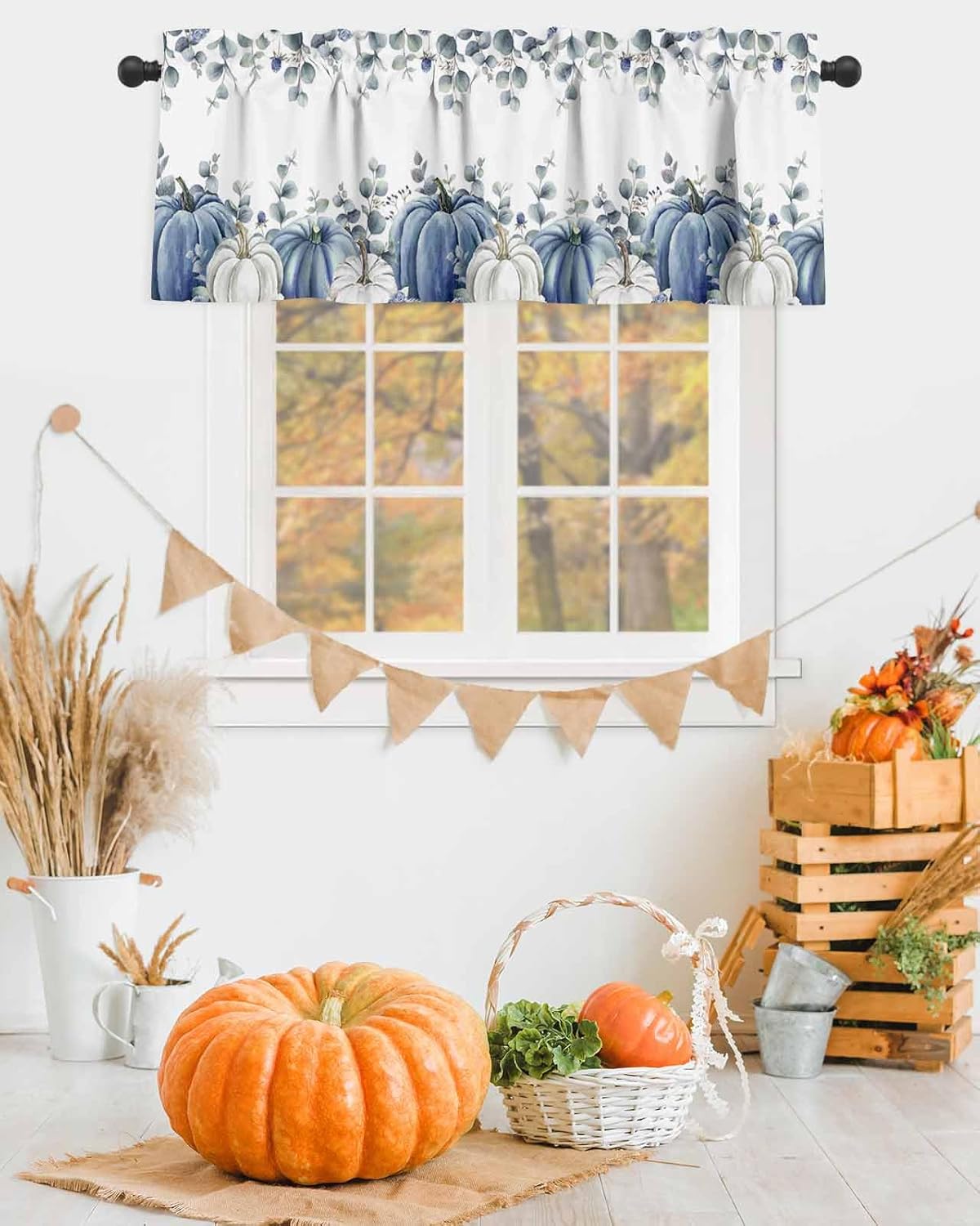 Cenefa de cortina de cocina con calabazas blancas y azules, cenefas cortas de otoño, para sala de estar, dormitorio, baño, cafetería, decoración de