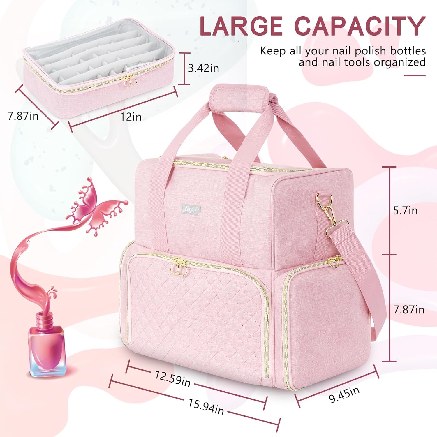 Organizador de esmalte de uñas con capacidad para 80 botellas y una lámpara de uñas, estuche de transporte de esmalte de uñas con 2 bolsas
