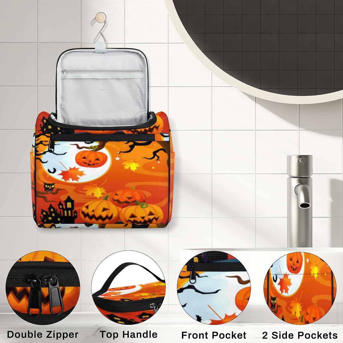 Bolsa de aseo para fiesta de Halloween, decoración moderna para mujer, organizador de maquillaje de viaje con gancho para colgar, bolsas de