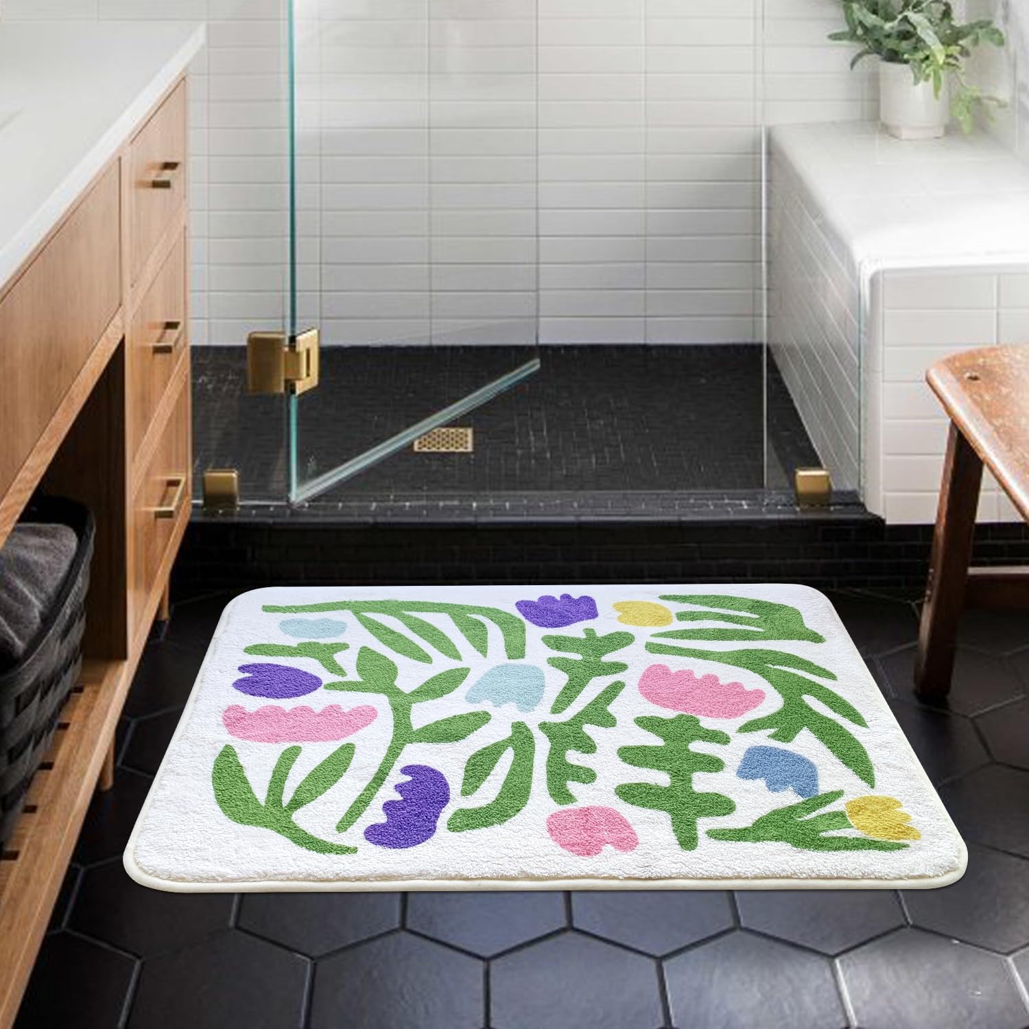 SHIYUE Alfombra de baño con diseño de flores coloridas para alfombras de baño, microfibra ultrasuave y esponjosa, absorción de agua, antideslizante,