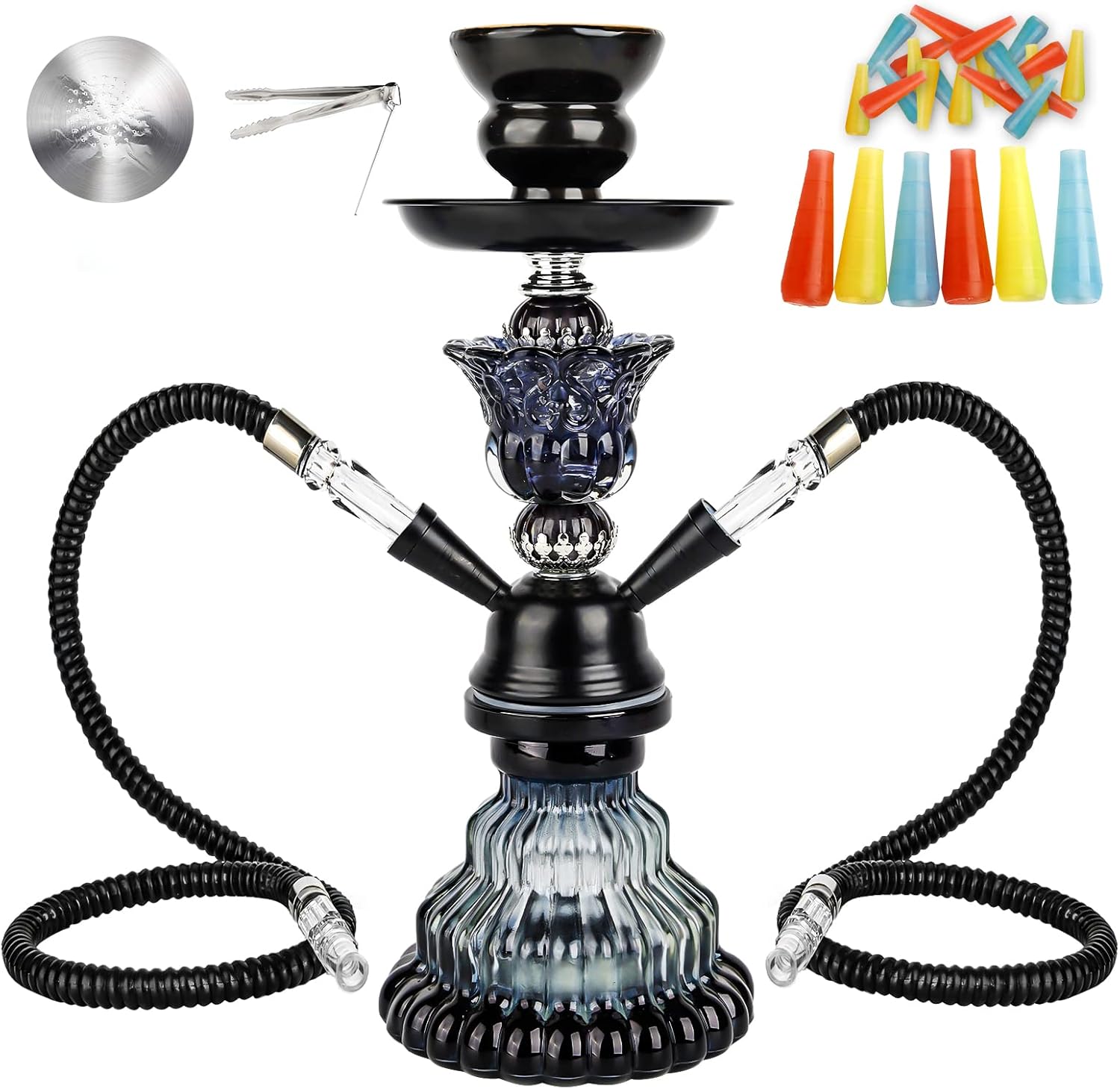 Juego de 2 mangueras de cachimba  Juego de cachimba pequeño de 11 pulgadas con jarrón de vidrio, cuenco de cerámica, manguera de cuero, pinzas de
