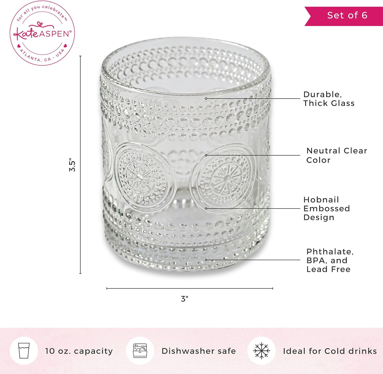 Kate Aspen Hobnail – Juego de 6 vasos transparentes con cuentas florales (10 onzas), juego de cristalería vintage, juego de vasos de cóctel, vasos
