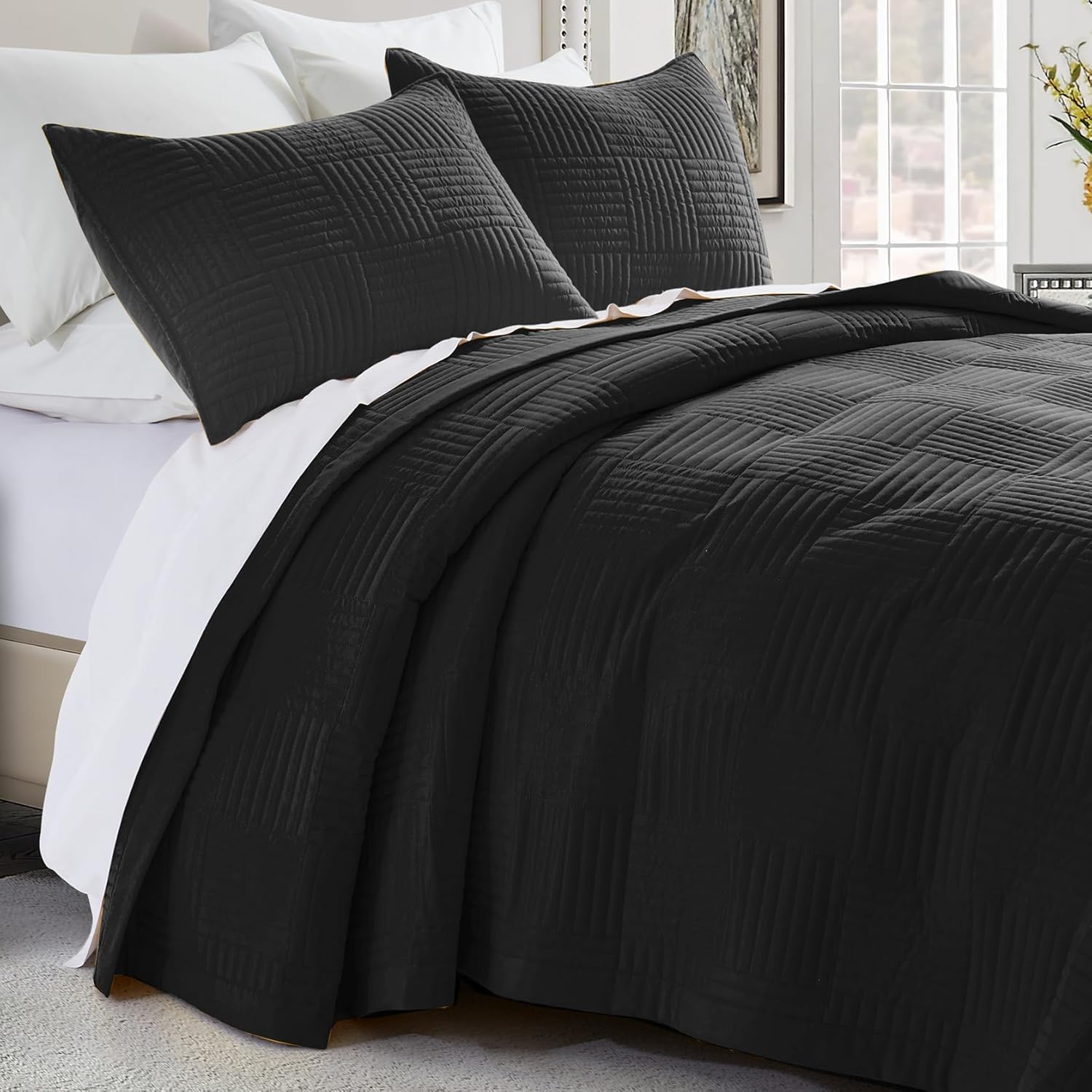 Lavsiry Juego de edredón negro tamaño individual, colcha ligera de verano con patrón cuadrado, colcha de microfibra suave para todas las estaciones,