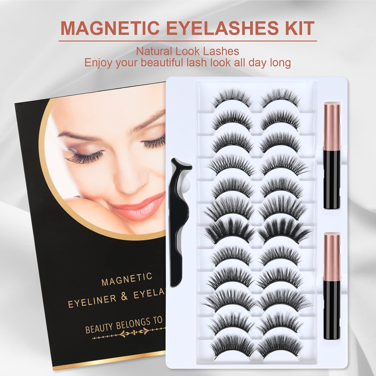 Kit de racimos de pestañas, 12 pares de pestañas postizas magnéticas reutilizables con 2 tubos, impermeable, delineador de ojos y pinzas, kit de