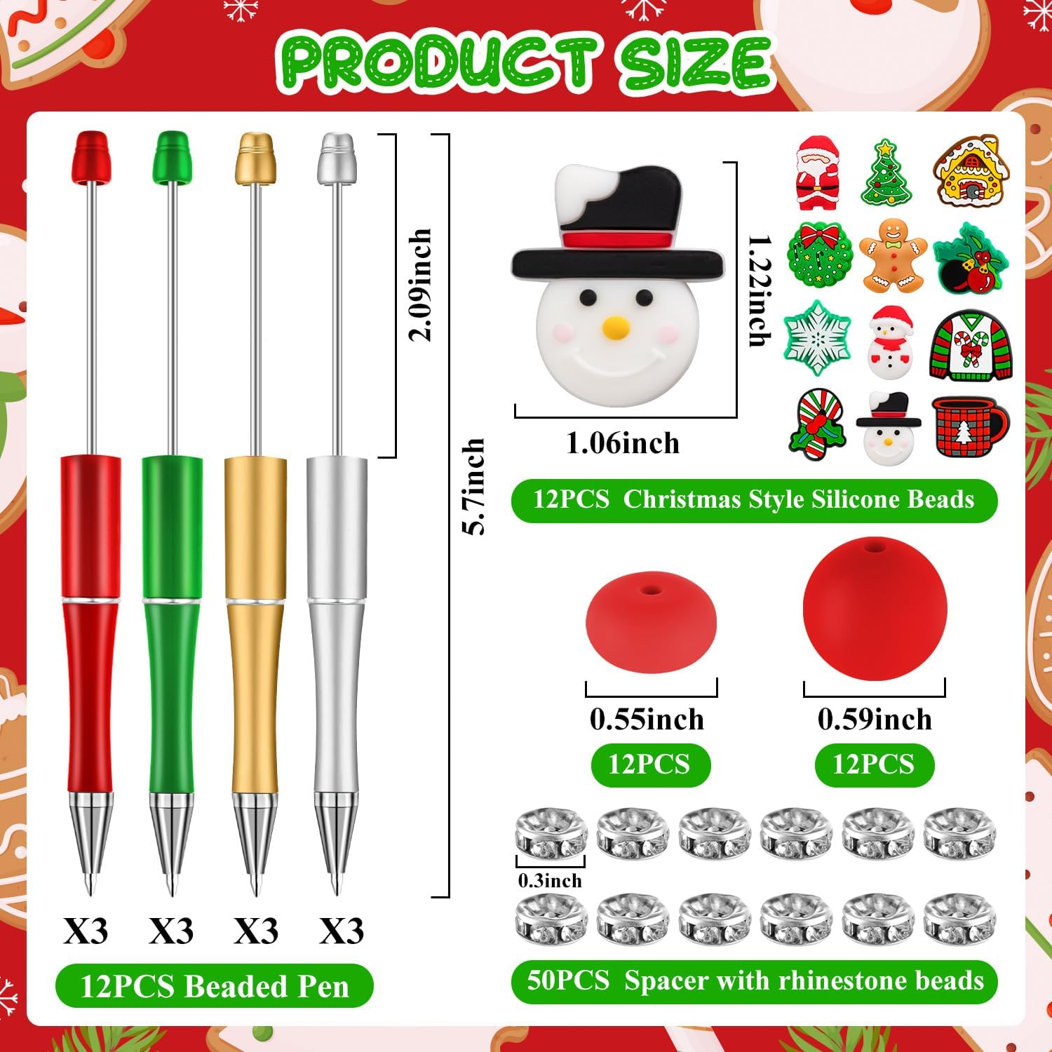 12 bolígrafos de Navidad con cuentas, bolígrafos de cuentas de plástico, bolígrafos de cuentas de silicona, muñecos de nieve, Papá Noel, para