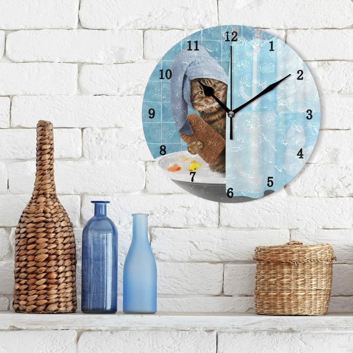 ZZKKO Reloj de pared con diseño de gato que toma un baño, silencioso sin tictac, funciona con pilas, fácil de leer, reloj de pared decorativo para