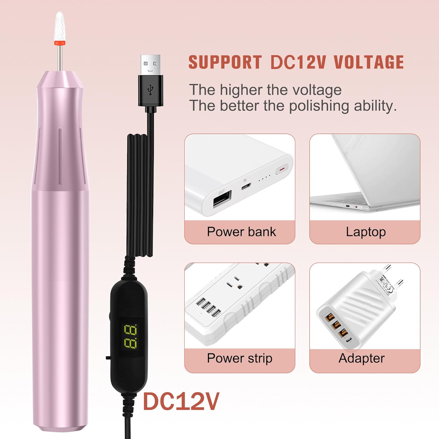 Uñas eléctricas portátiles con cabezal de pulido de cerámica, pantalla de visualización de archivos de uñas DC12V USB Strong Power Efile para uñas