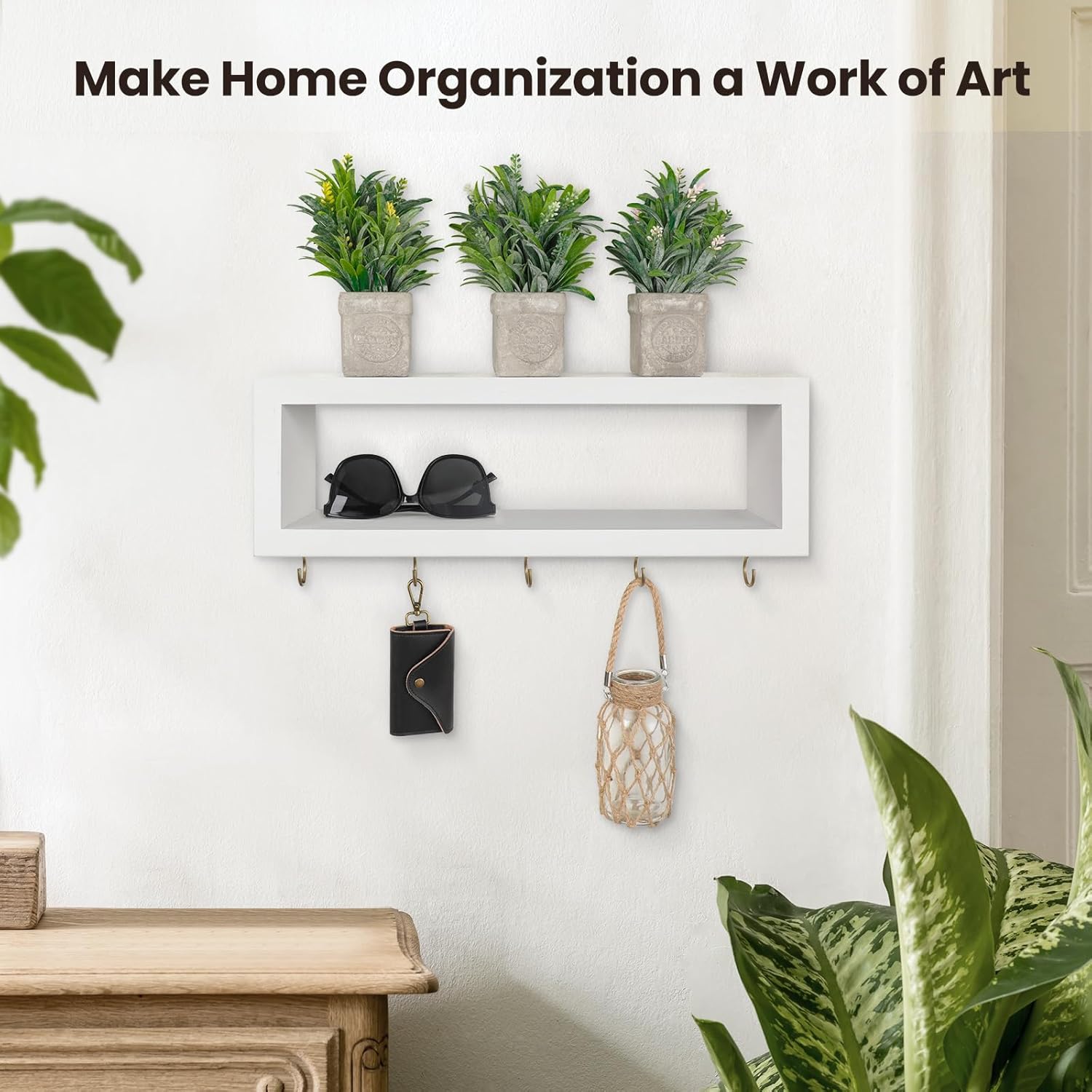 Estante de pared con ganchos  Soporte decorativo para llaves y cartera para pared para gafas de sol, correas, bufandas y cordones  15.7 x 5.1 x 2.9