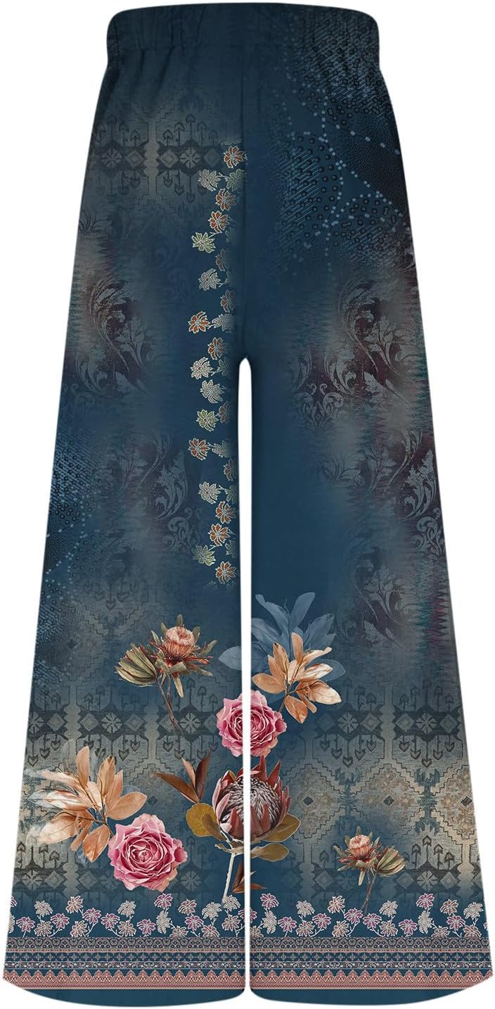Pantalones florales pierna ancha Mujer Cintura alta Cintura elástica Pantalones Largos Pantalones Calle de ocio