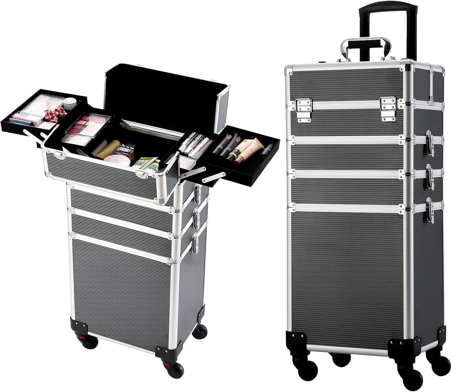 5 en 1 Rolling Maquillaje Tren Caja Profesional Grande Almacenamiento Carro Cosmético, Negro –