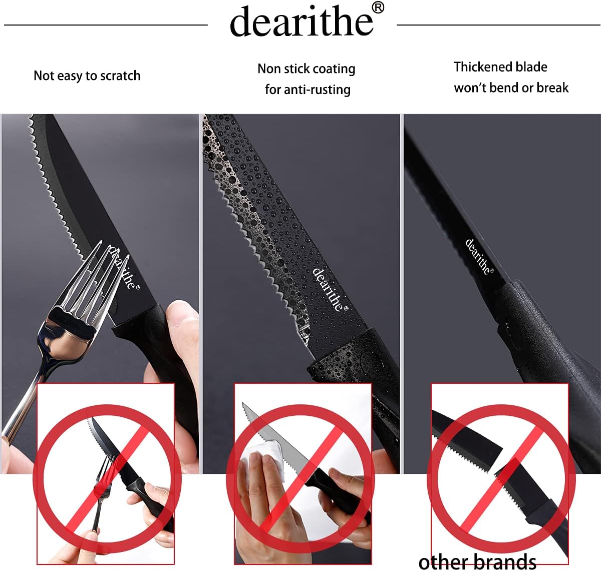 dearithe Juego de 12 cuchillos para carne, acero inoxidable dentado negro dentado de hoja afilada, 4.5 pulgadas, para restaurante, vajilla, cocina,