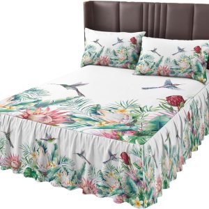 Faldas de cama plisadas tropicales envolventes para cama matrimonial de 54 x 75 pulgadas, sábana decorativa con volantes y falda de cama de 18 Faldas de cama plisadas tropicales envolventes para cama matrimonial de 54 x 75 pulgadas, sábana decorativa con volantes y falda de cama de 18