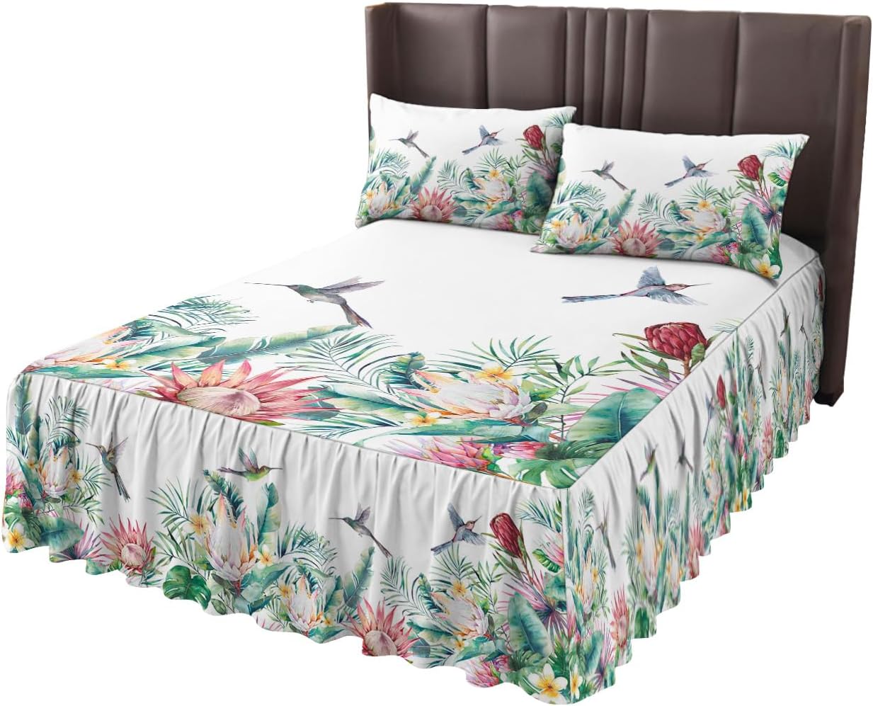 Faldas de cama plisadas tropicales envolventes para cama matrimonial de 54 x 75 pulgadas, sábana decorativa con volantes y falda de cama de 18