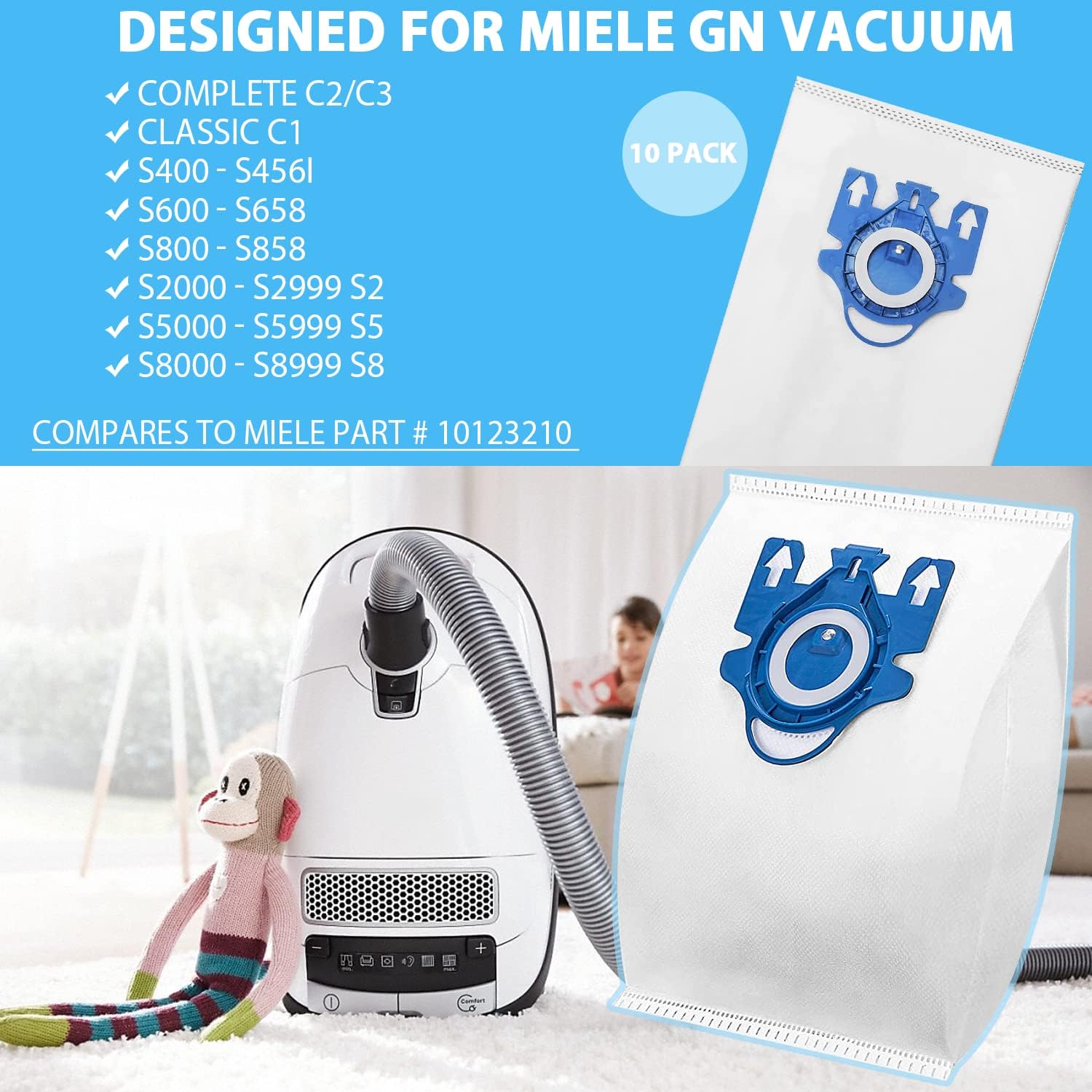 Paquete de 10 bolsas AirClean de eficiencia 3D de repuesto para aspiradora Miele GN Bolsa de polvo para aspiradora Classic C1 completa C1C2C3 S227