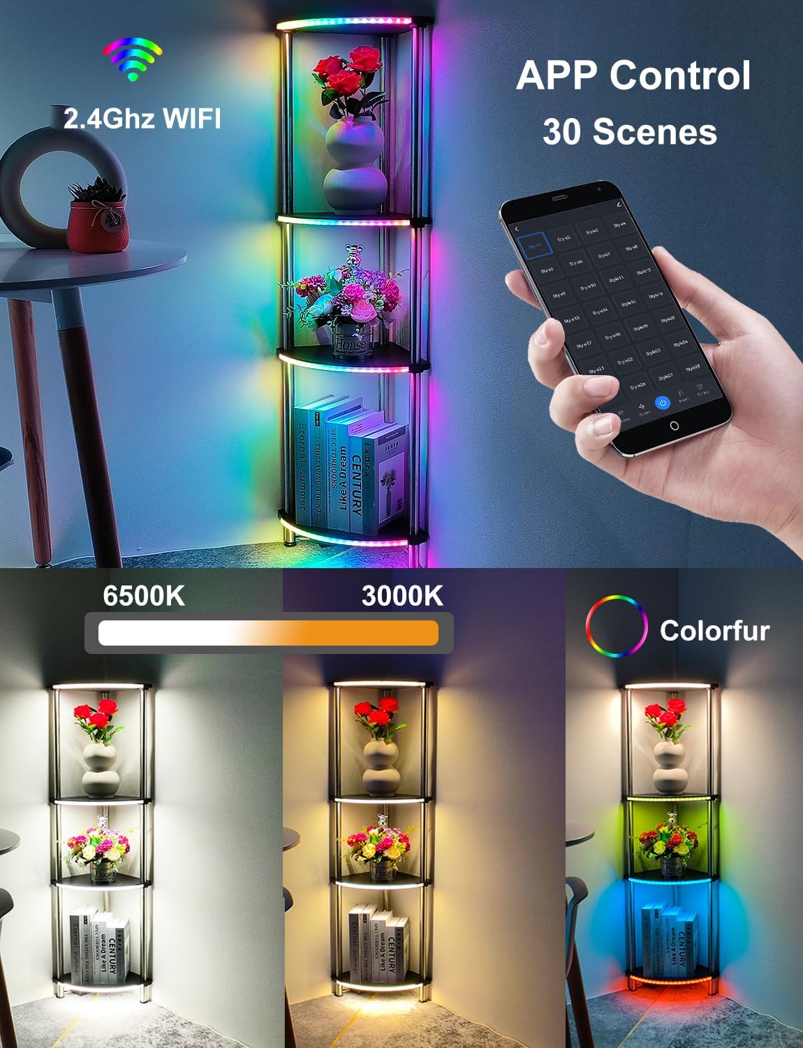 Lámpara de pie con estantes de altura ajustable RGB lámpara de pie con sincronización de música LED lámpara de pie de esquina con estación de carga,