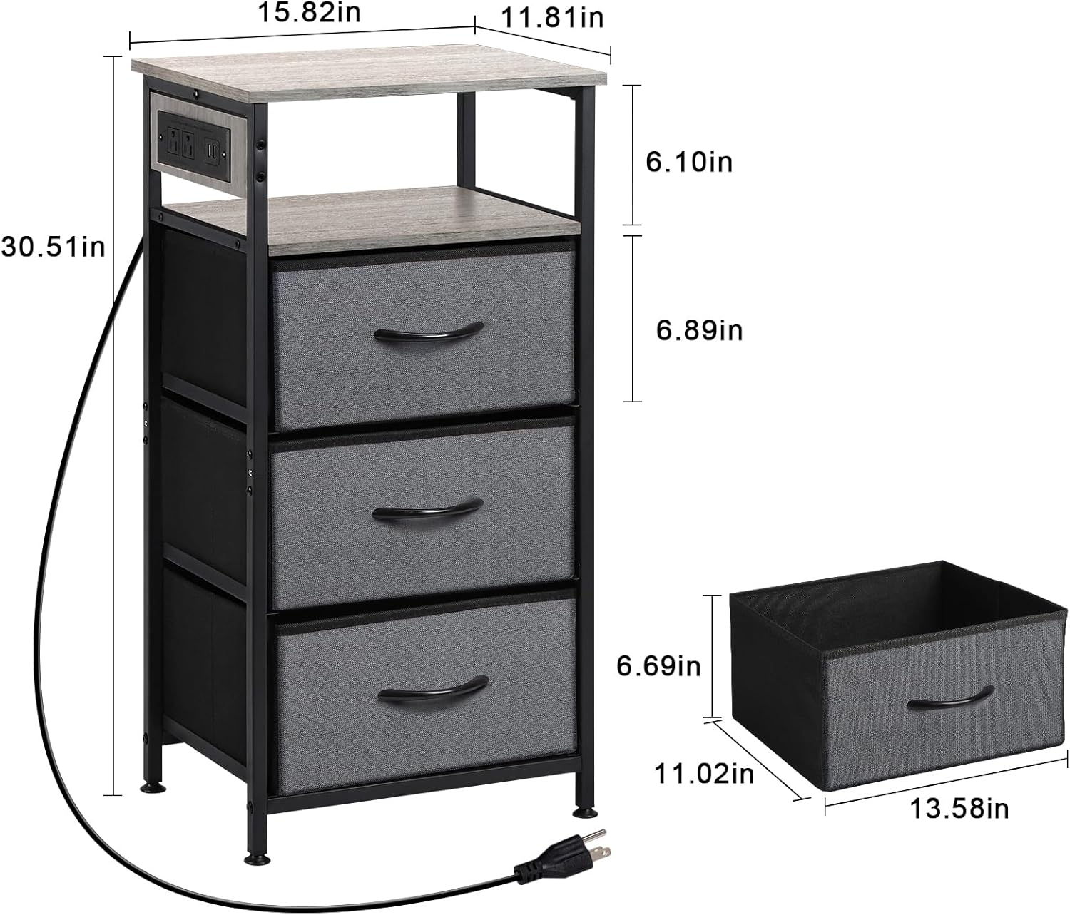 LIANTRAL Nightstand with Charging Station, Dresser with 3 Fabric Chest of Drawers, Dresser Storage for Bedroom, Hallway, Closet, Living Room,