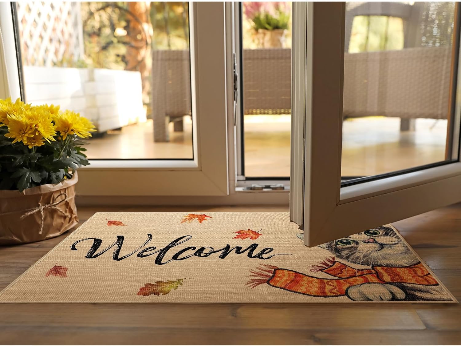 Felpudo de bienvenida de otoño con diseño de gato, parte trasera de goma antideslizante, tapete para puerta de otoño, Acción de Gracias, decoración