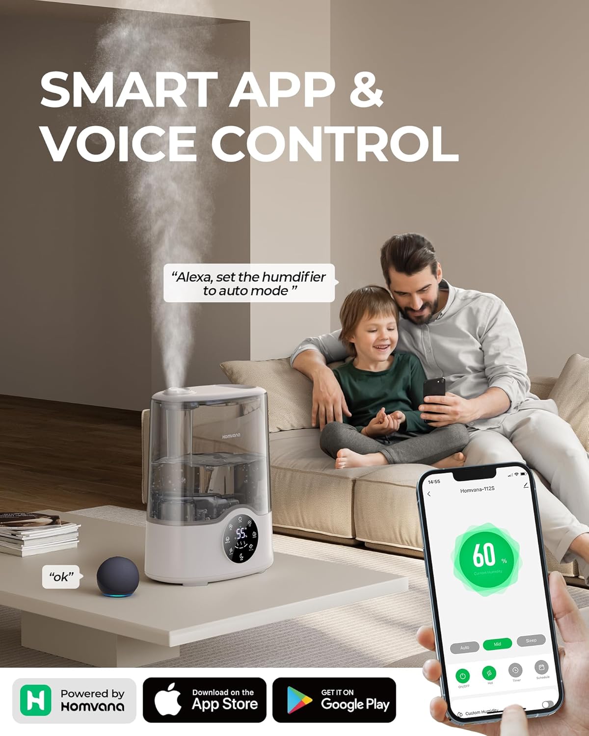 Homvana Humidificador inteligente para dormitorio, habitación grande, hogar, 7L cálido y fresco, niebla automática de 360, ajuste automático de
