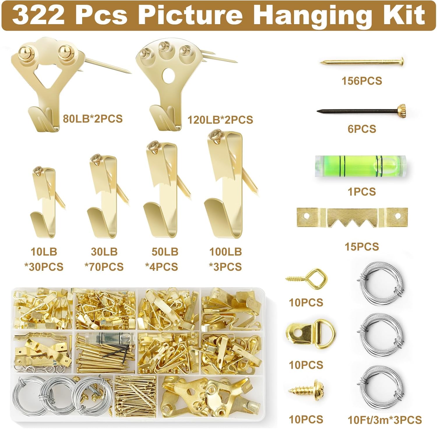 DrfzCa Kit para colgar cuadros, 322 ganchos para fotos, con accesorios para colgar cuadros de 10 a 120 libras, kit surtido para colgar cuadros en
