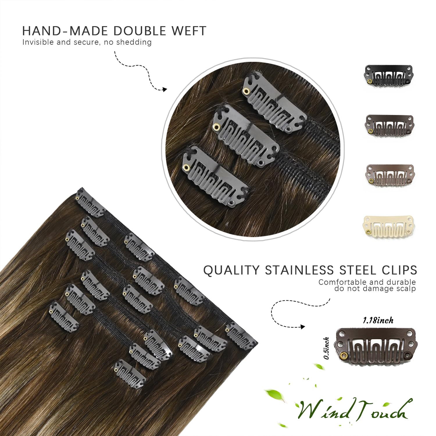 Extensiones de cabello humano con pinzas, color castaño chocolate a rubio oscuro con balayage y reflejos, para cabello castaño, 2.47onzas, N.