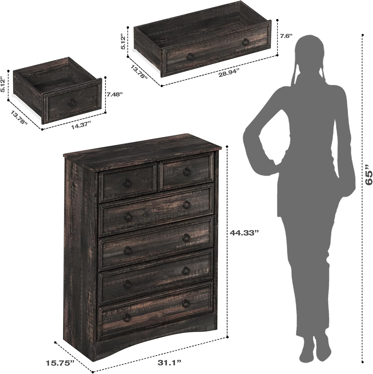 LGHM Cómoda moderna de 6 cajones, cómoda para dormitorio, cómoda alta, organizadores de armario y ropa de almacenamiento, mango fácil de tirar,