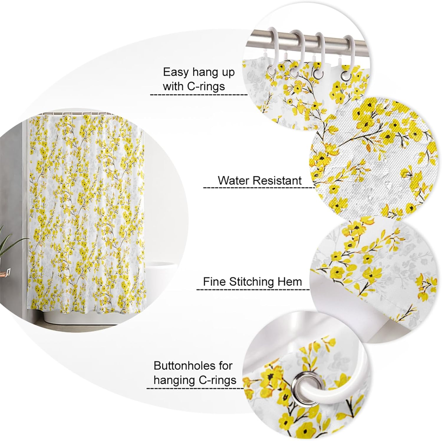 Cortinas de ducha florales para baño, estilo acuarela, flores amarillas y grises, juego de cortinas de ducha de tela impermeable con 12 ganchos,
