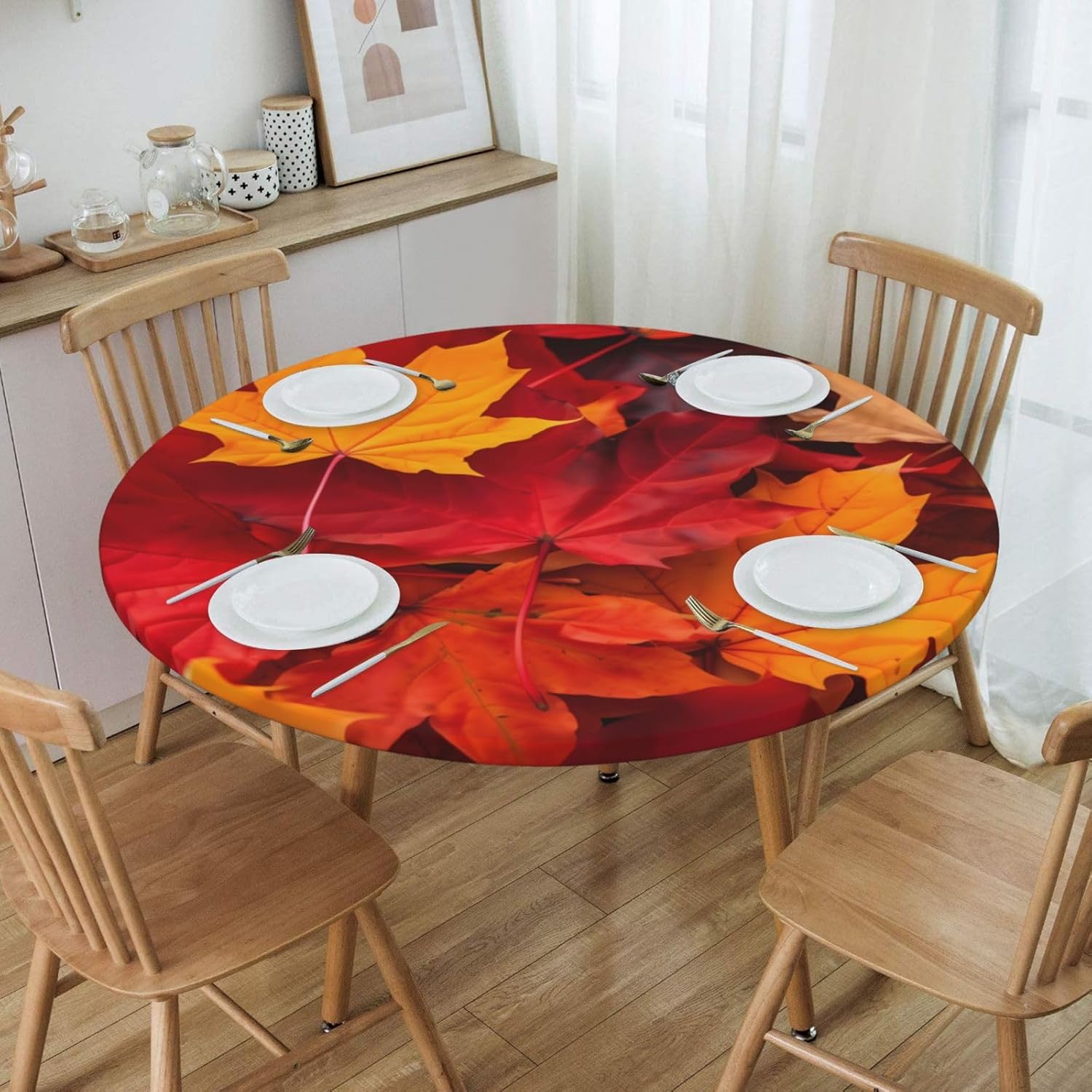 hsbolediy Mantel redondo de hojas de otoño (54 pulgadas para mesa de 45 a 50 pulgadas), mantel ajustable con borde elástico para exteriores,