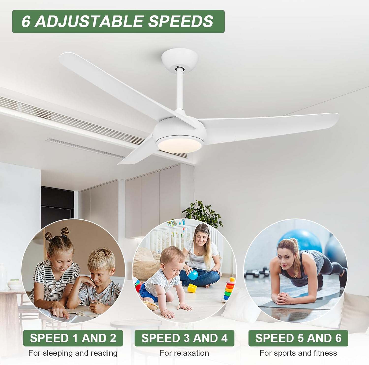 Ventilador de techo blanco con luz, ventilador de techo de 52 pulgadas con luz y control remoto, ventiladores de techo de 3 aspas, motor de CC