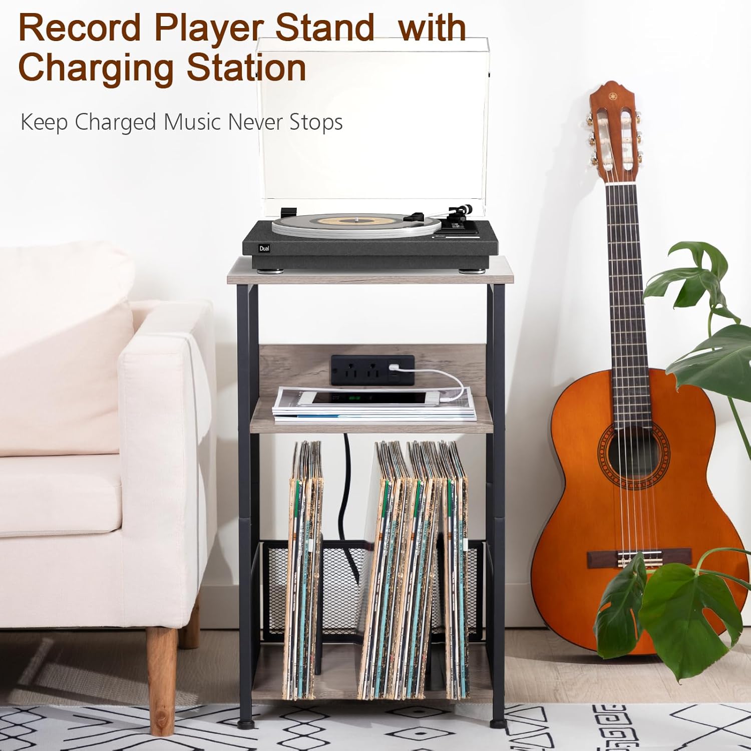 AMHANCIBLE HETCD01GY-1 – Soporte para tocadiscos con estación de carga, soporte para tocadiscos con armario de almacenamiento, mesa auxiliar de 3