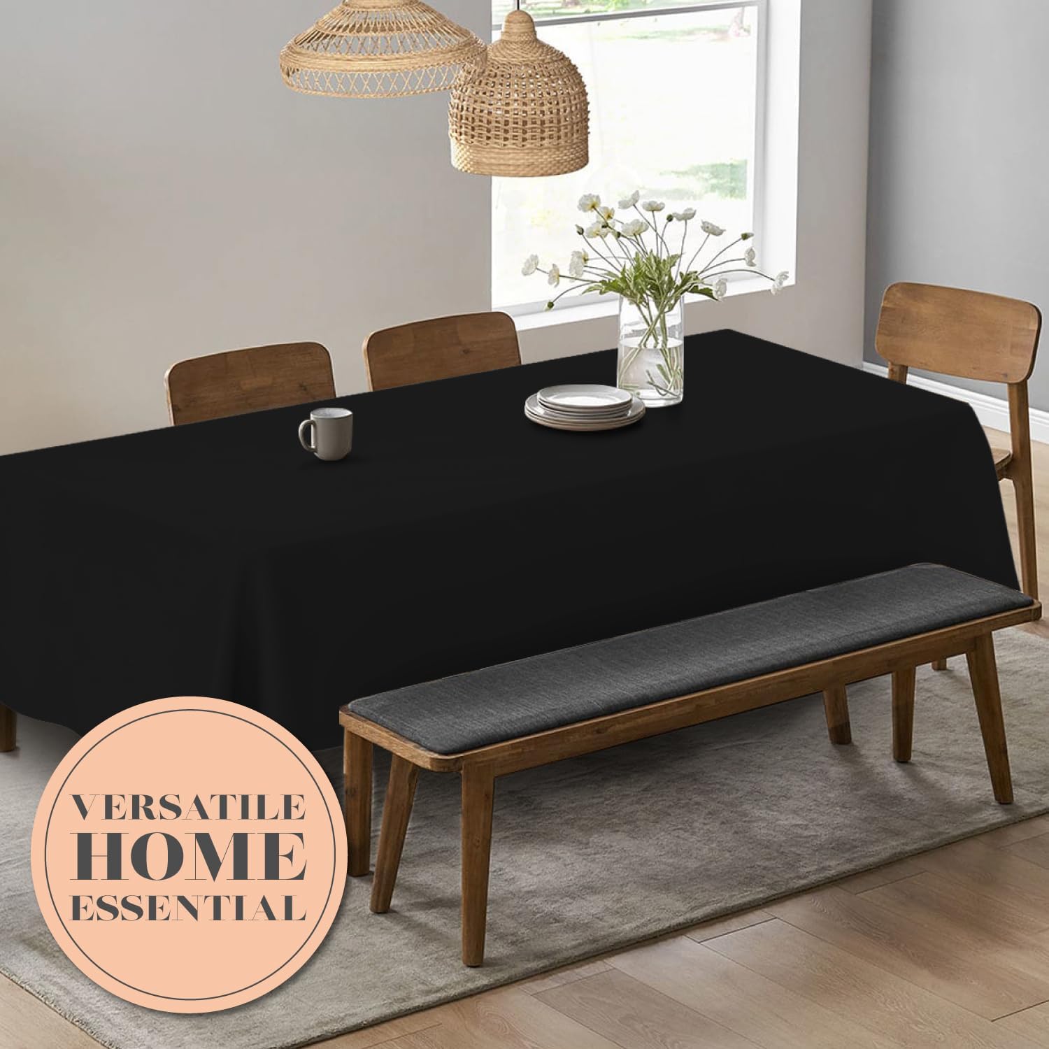 Classic WEALUXE – Mantel negro de 90 x 132 pulgadas, mantel negro para mesas rectangulares de 6 pies, tela lavable resistente a las manchas y a las