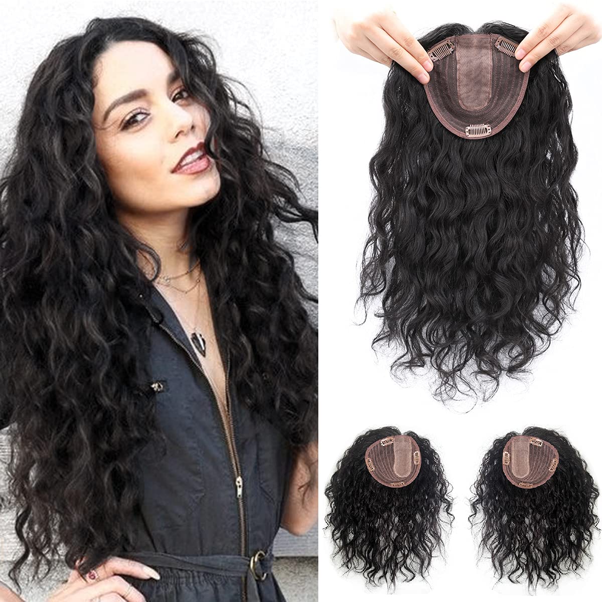 Tope de cabello humano rizado natural para mujer, extensiones de pelo con clip, 5.1 x 5.5 in, parte superior de cabello plateado, parte derecha para