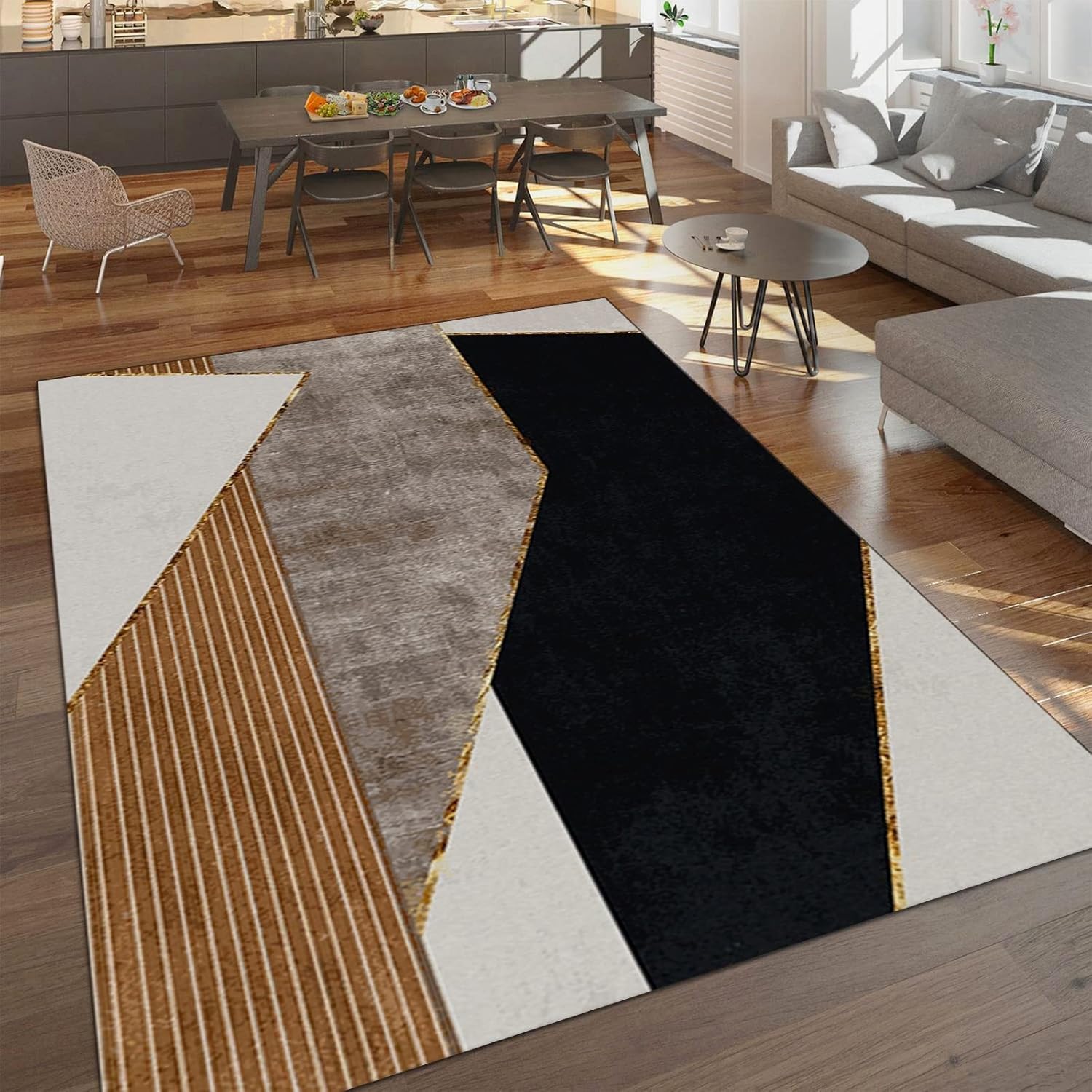 Alfombra simple de área blanca y negra, moderna, geométrica a rayas marrones, suave, antideslizante, lavable a máquina, para estudio, entrada,