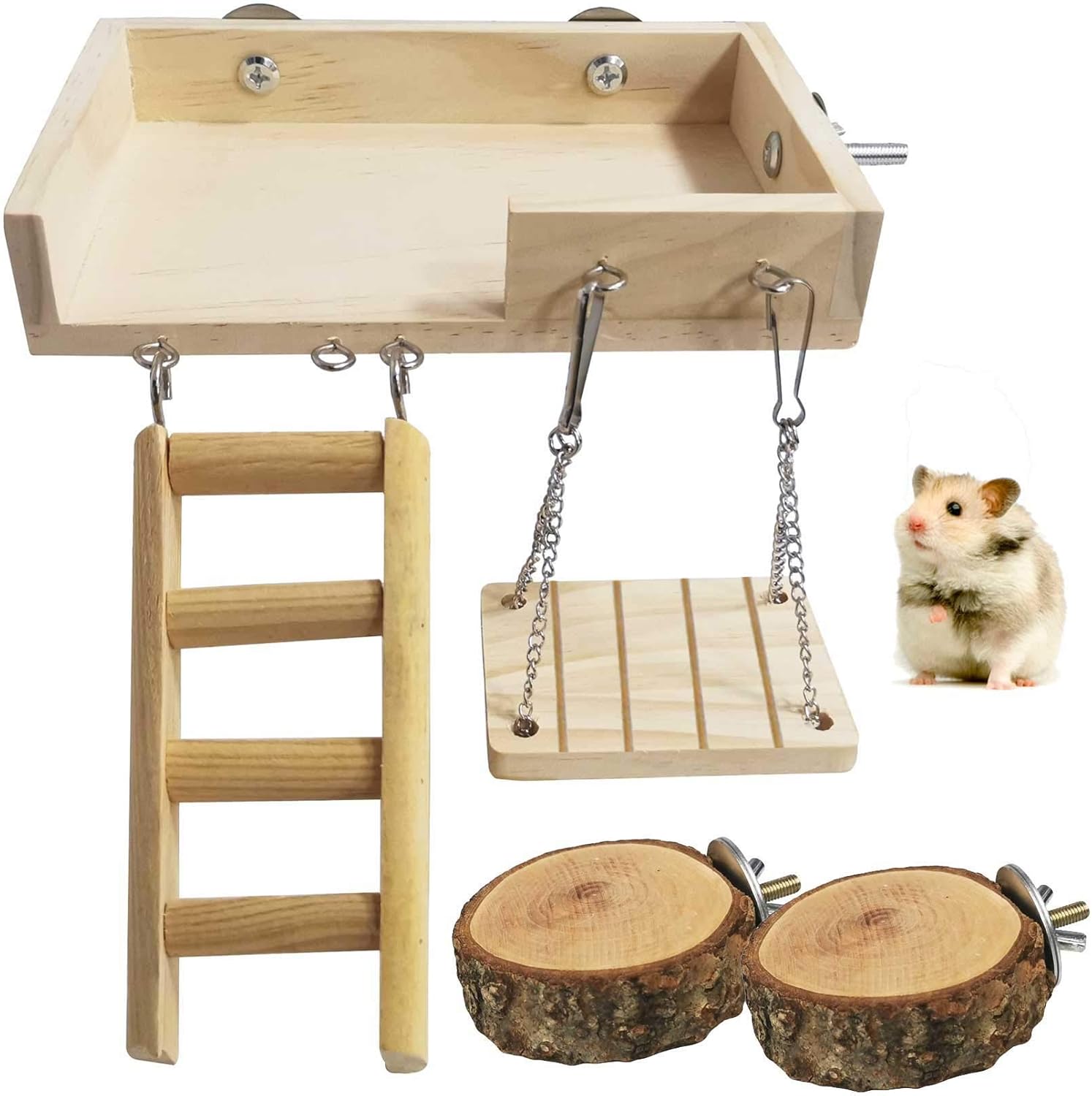 kathson Juego de juguetes de hámster con plataforma, escalera, columpio, 5 piezas de madera para escalar, accesorios para jerbos, hámsters enanos,