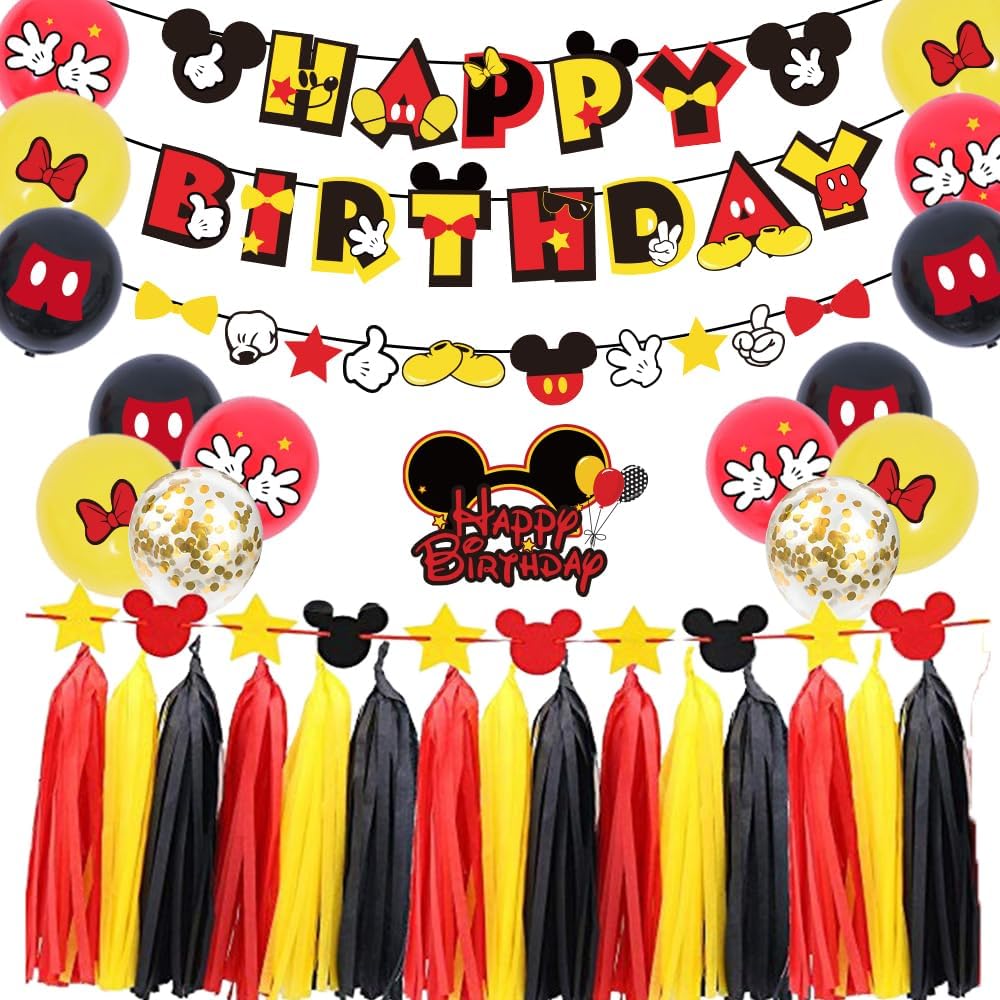PRATYUS Decoraciones de cumpleaños de Mickey para regalos de fiesta con pancarta de cumpleaños y guirnalda, decoración de pastel y globos