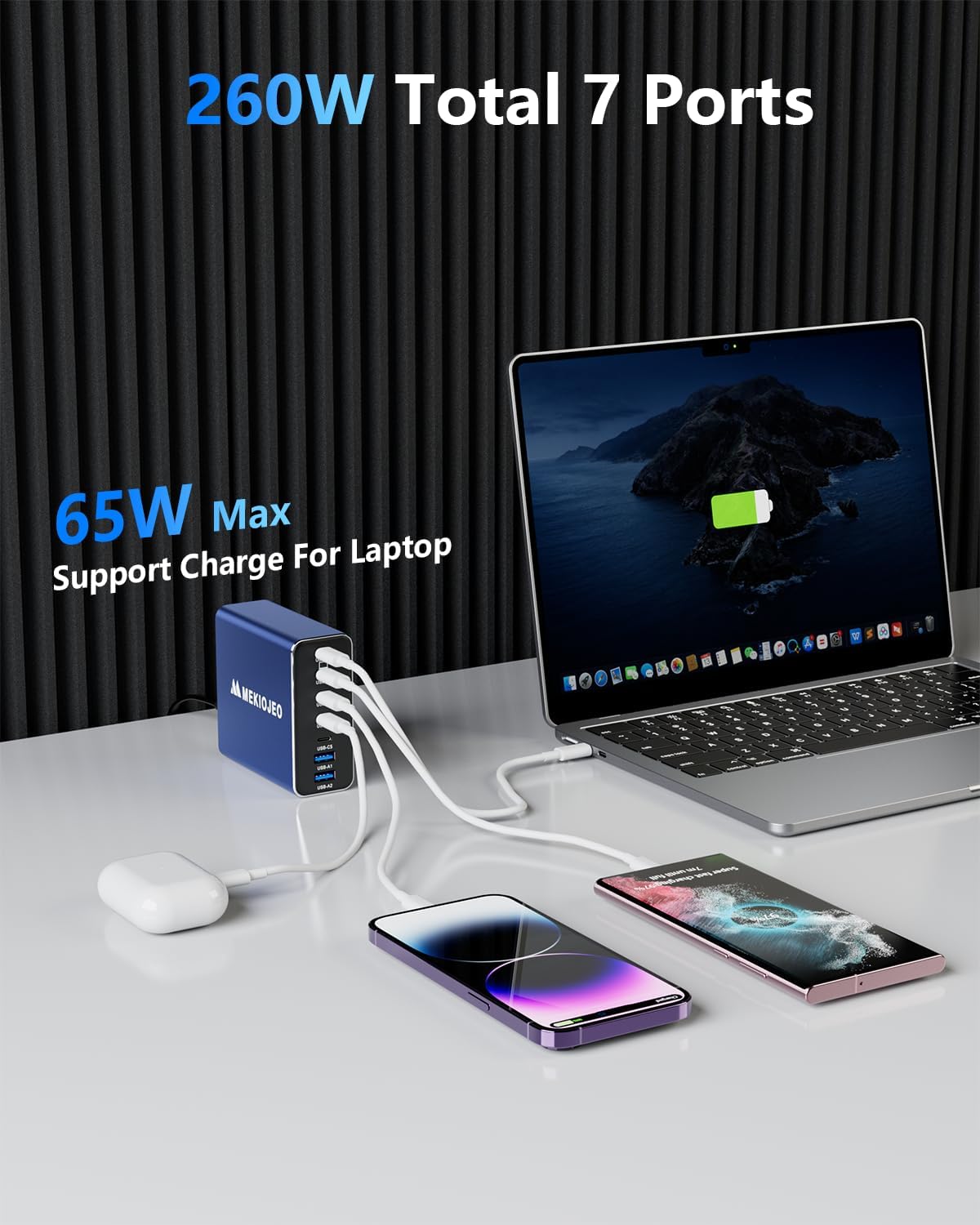 Cargador USB C de aleación de aluminio Cargador GaN Estación de carga rápida USB C 7 puertos 65W Cargador portátil para MacBook ProAiriPad ProiPhone