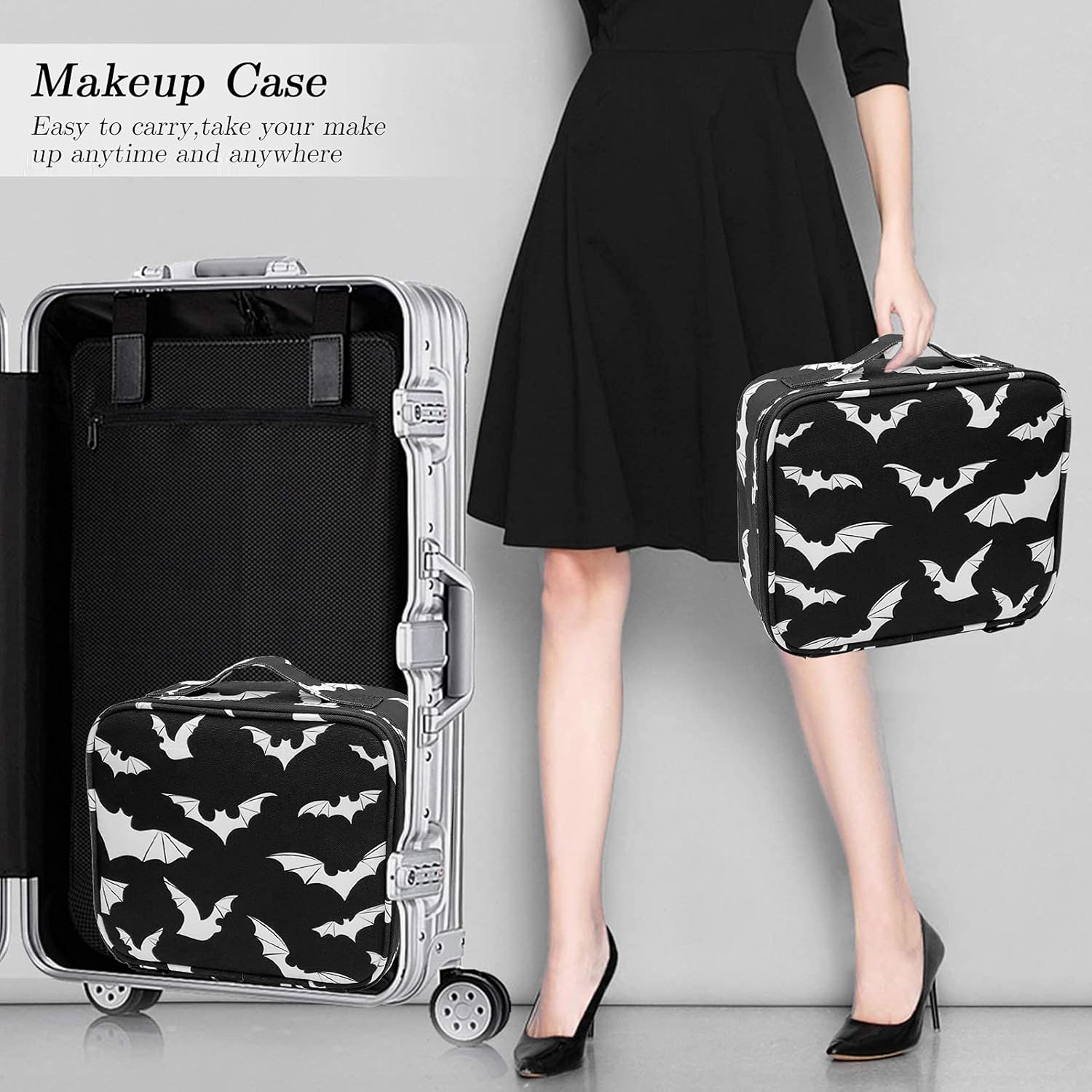 9CH Organizador de bolsas de maquillaje góticas, estuche de viaje grande con divisores ajustables para mujer, Bates góticos-1, Bolsa de maquillaje