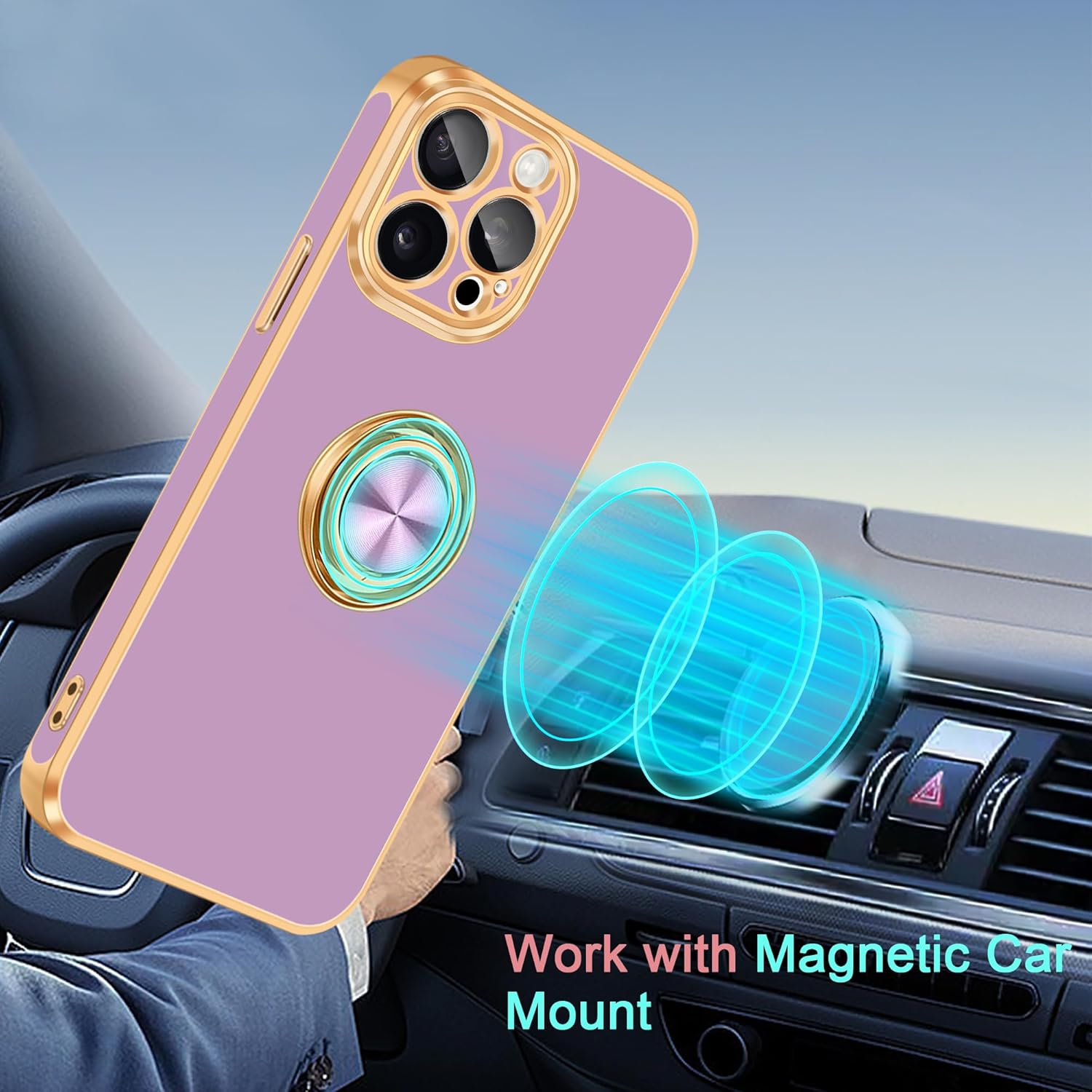 Fingic Funda para iPhone 15 Pro con soporte de anillo giratorio de 360 soporte magnético para automóvil chapado en oro brillante Funda protectora