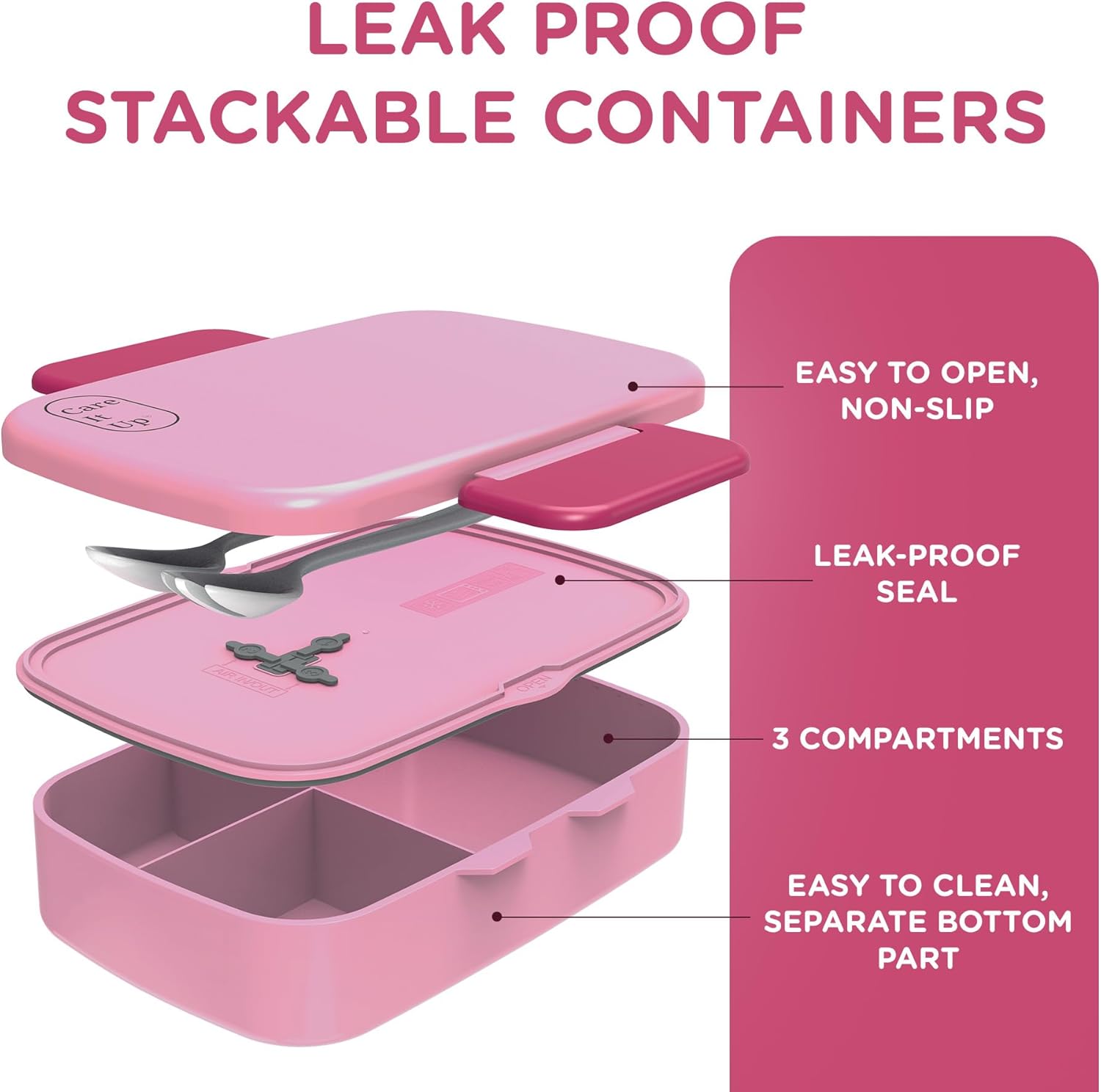 Lonchera Bento para niños y niñas con juego de cubiertos, hojas de calcomanías (más de 5 años), caja de almuerzo de 3 compartimentos a prueba de